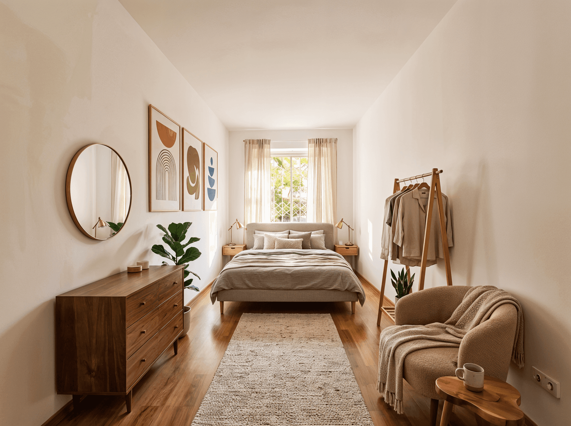 Gemütliches Schlafzimmer mit Holzboden, Doppelbett und Fenster mit natürlichem Lichteinfall.