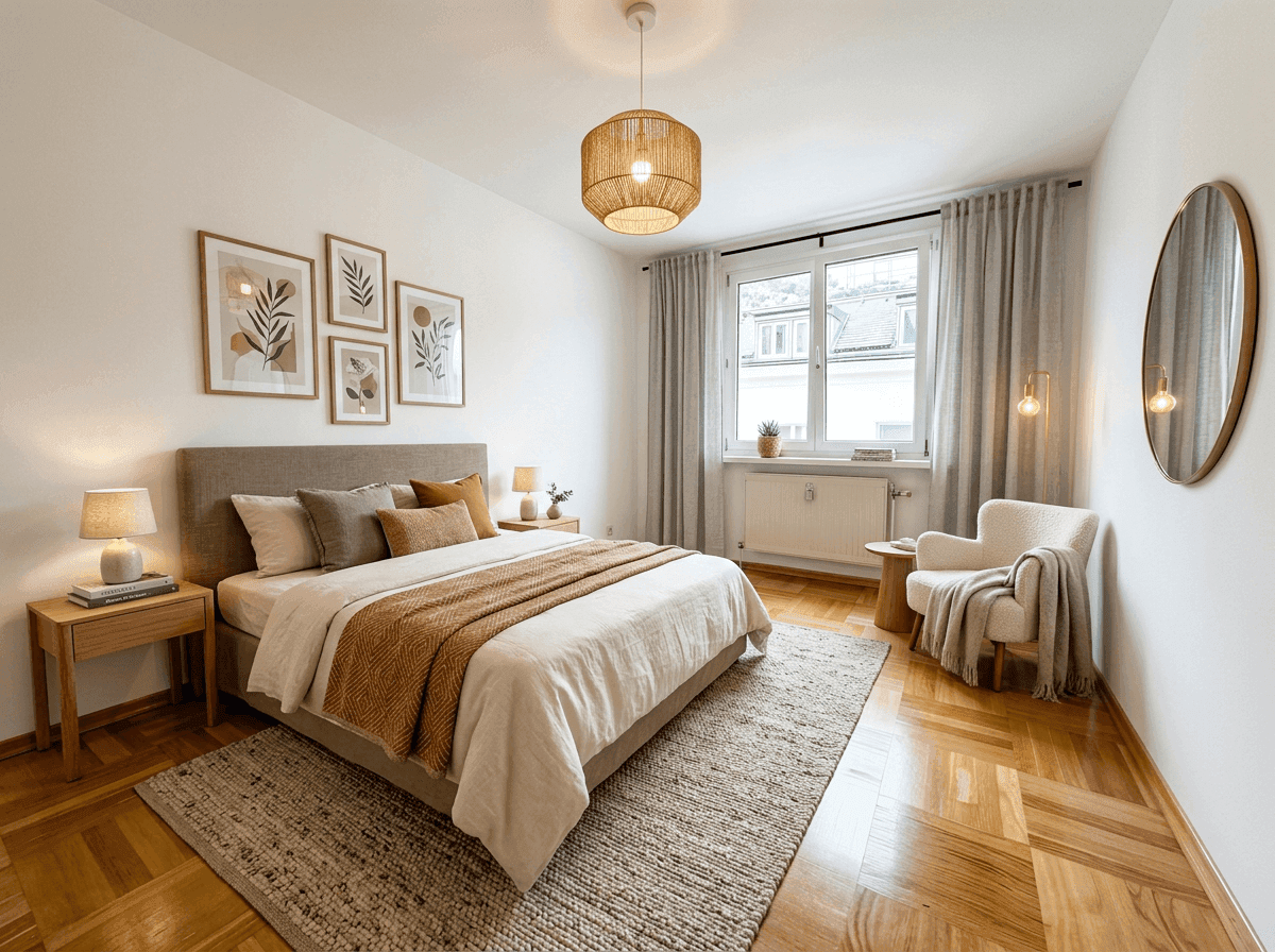 Helles Schlafzimmer mit modernem Dekor, Parkettboden und großem Fenster.