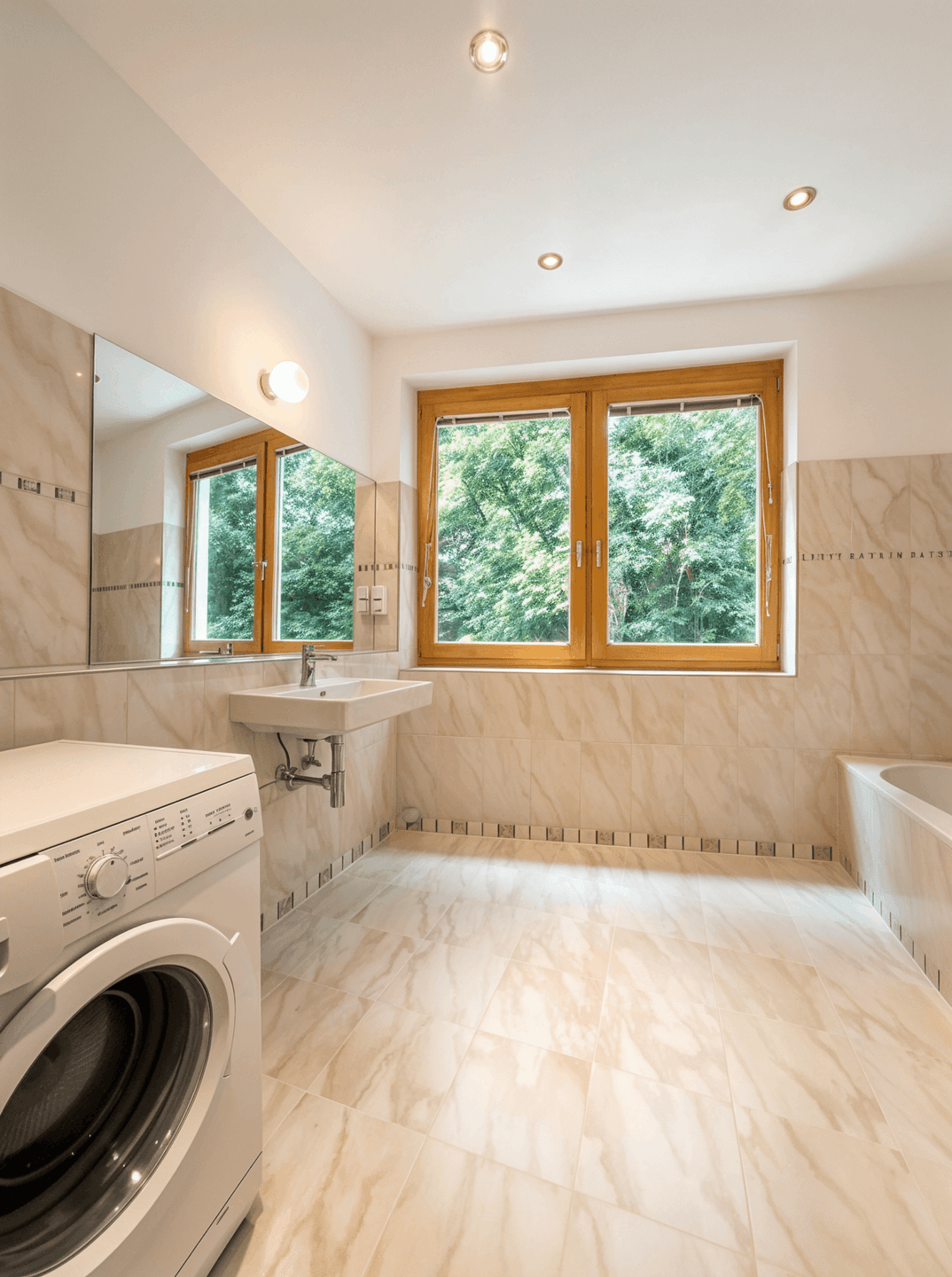 Helles Badezimmer mit Fliesenboden, Waschmaschine, Einzelwaschbecken und Fenster mit Grünblick.