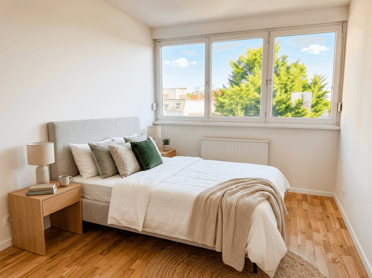 Helles Schlafzimmer mit großem Fenster, Holzboden und Blick auf Bäume.
