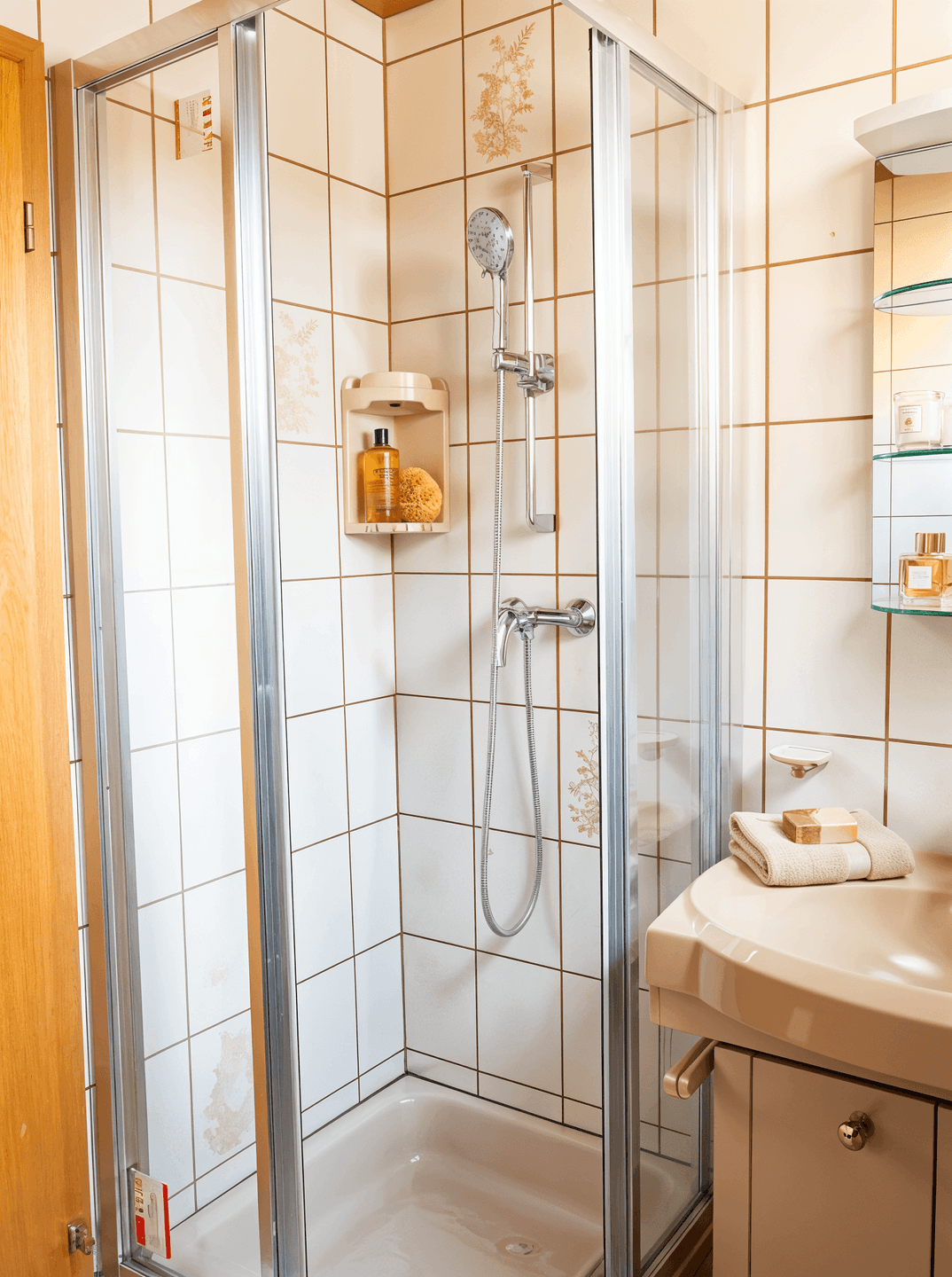 Badezimmer mit Duschkabine, beigefarbenen Fliesen und einem kleinen Waschbecken mit Spiegelschrank.
