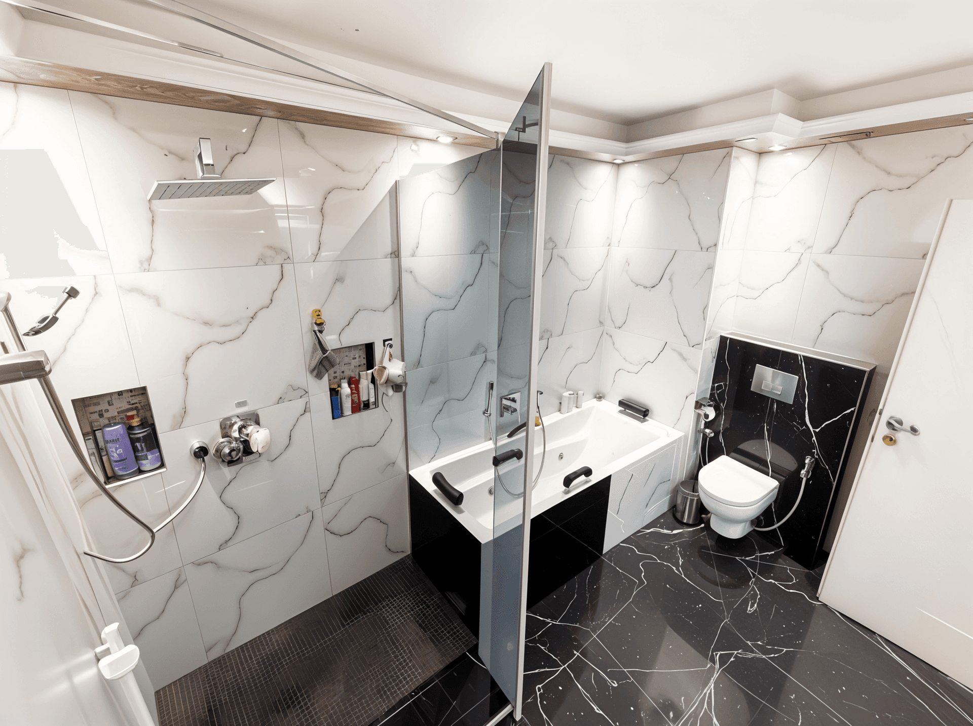 Elegantes Badezimmer mit großer Dusche, Badewanne und wandhängendem WC.