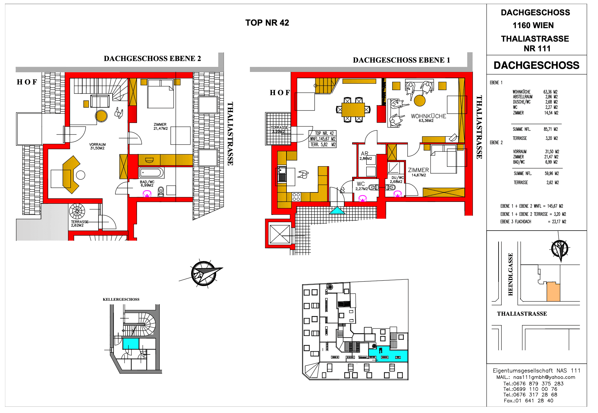 Grundriss einer Dachgeschosswohnung über zwei Ebenen mit Terrassen und Kellergeschoss.