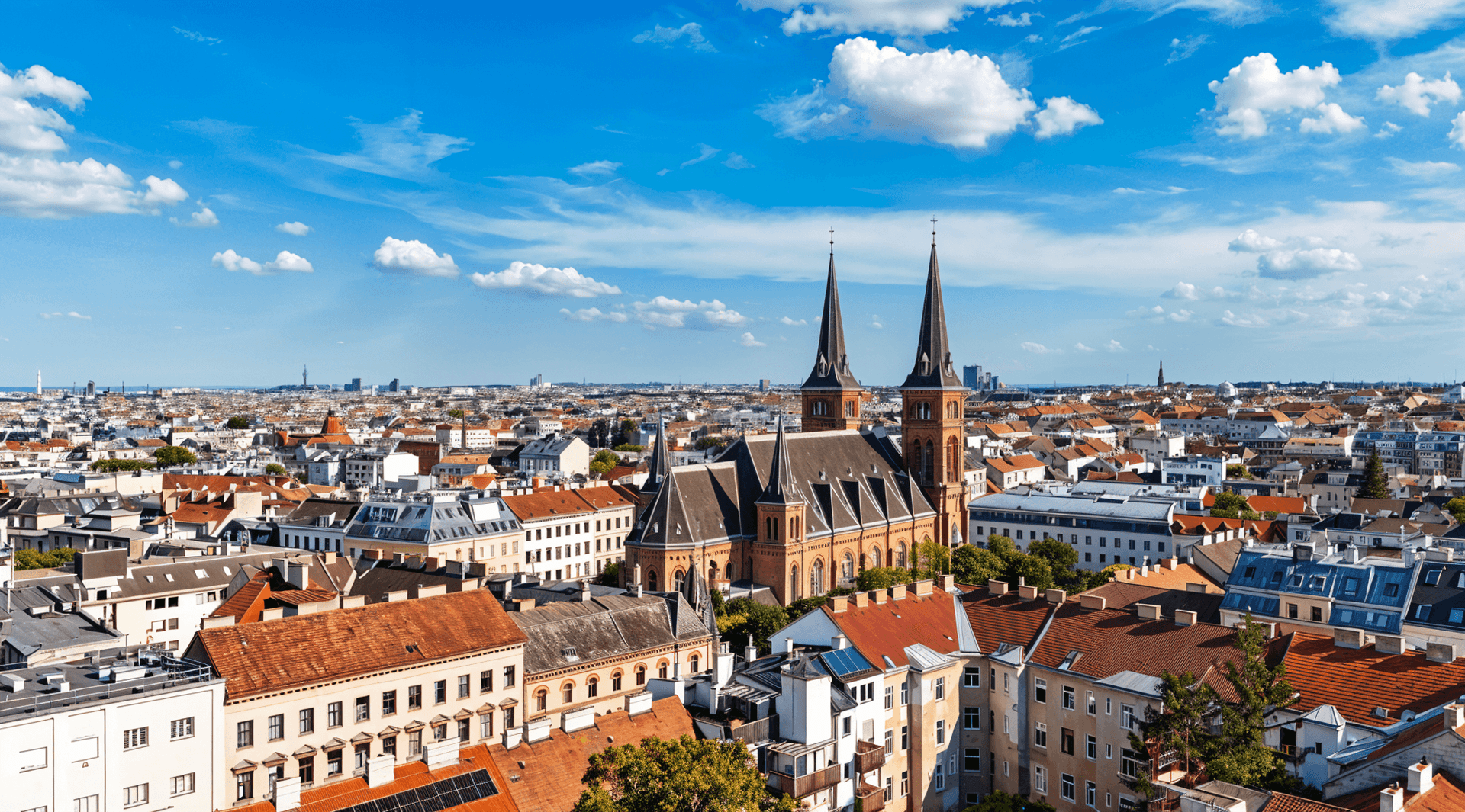 Panoramablick über eine Stadt mit einer markanten Kirche und vielen Dächern unter blauem Himmel.
