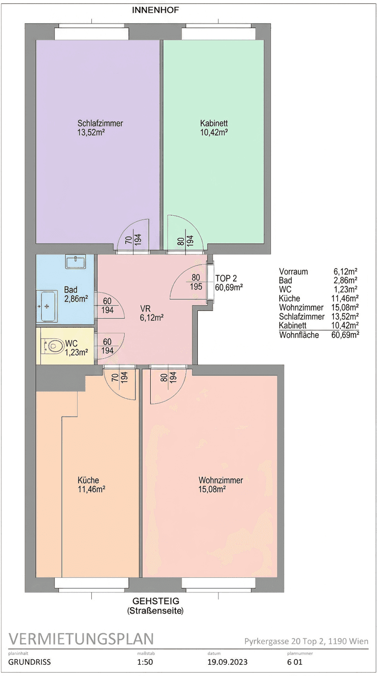 Detaillierter Grundriss der Wohnung mit Schlafzimmer, Kabinett, Küche und Wohnzimmer.