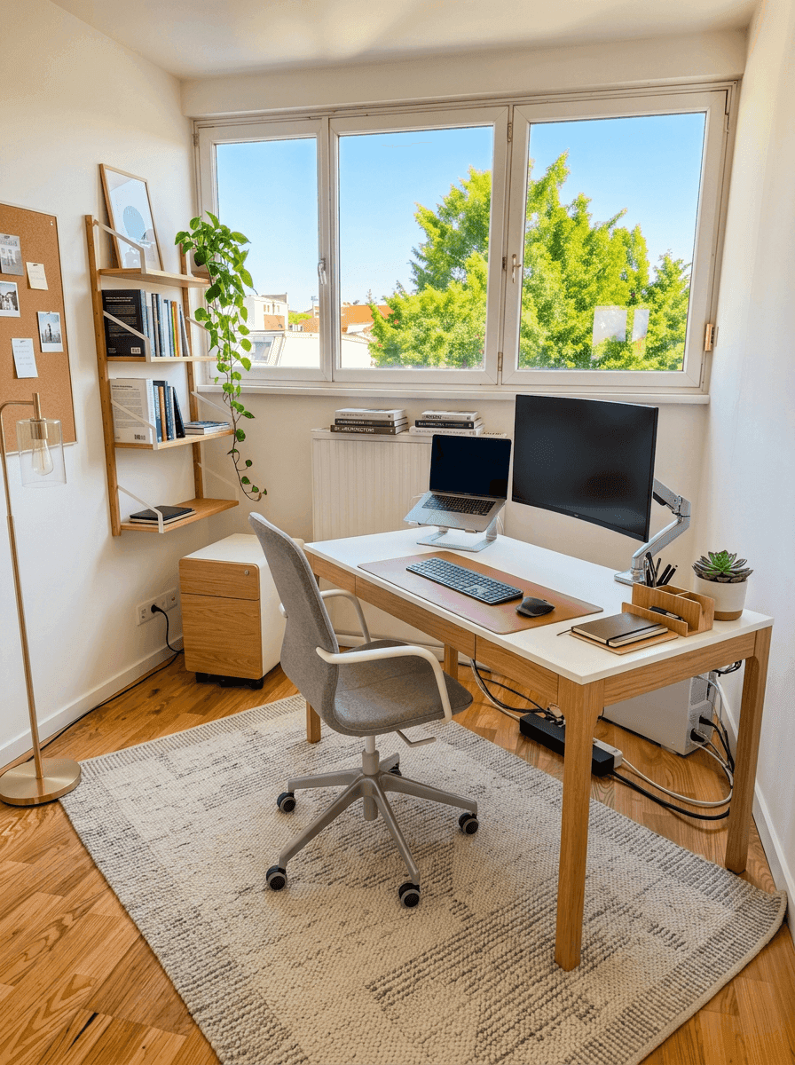 Modernes Arbeitszimmer mit Schreibtisch, Bücherregal und großem Fenster mit Grünblick.