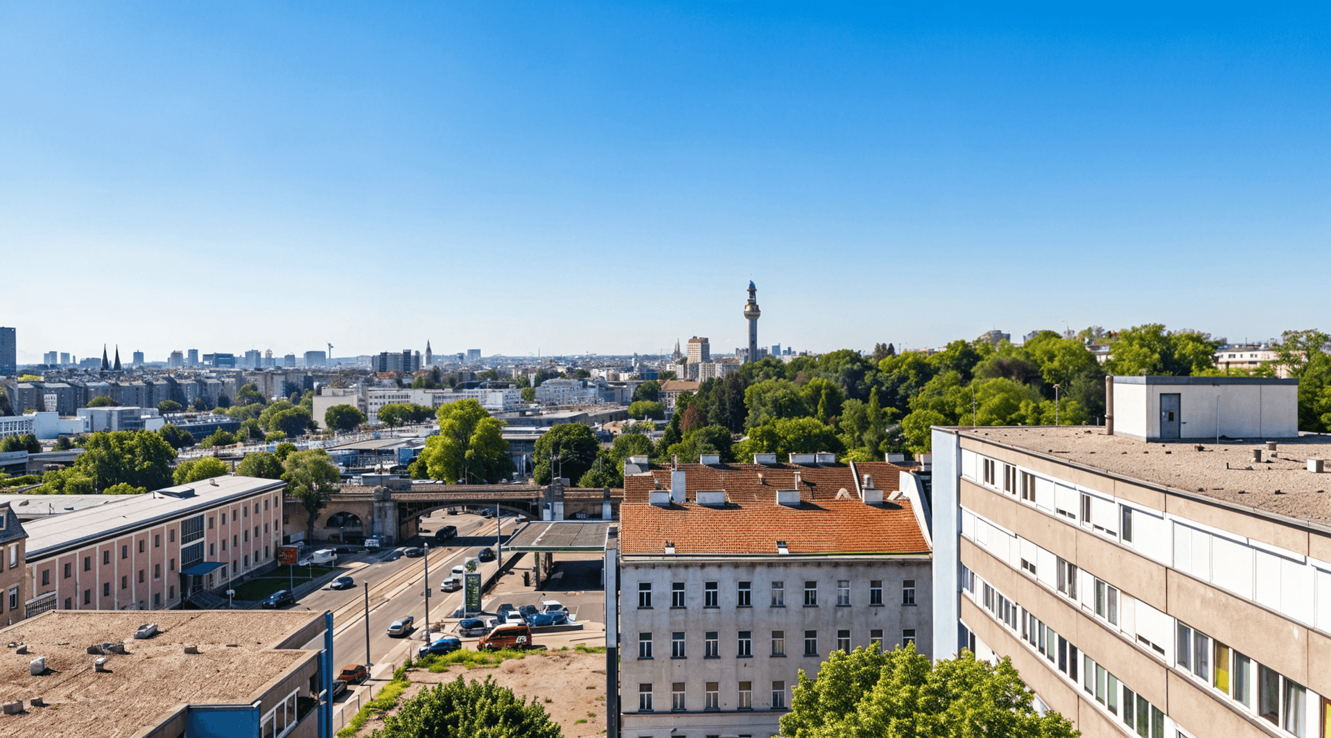 Panoramablick über die Stadt mit Gebäuden, Straßen und viel Grün unter blauem Himmel.