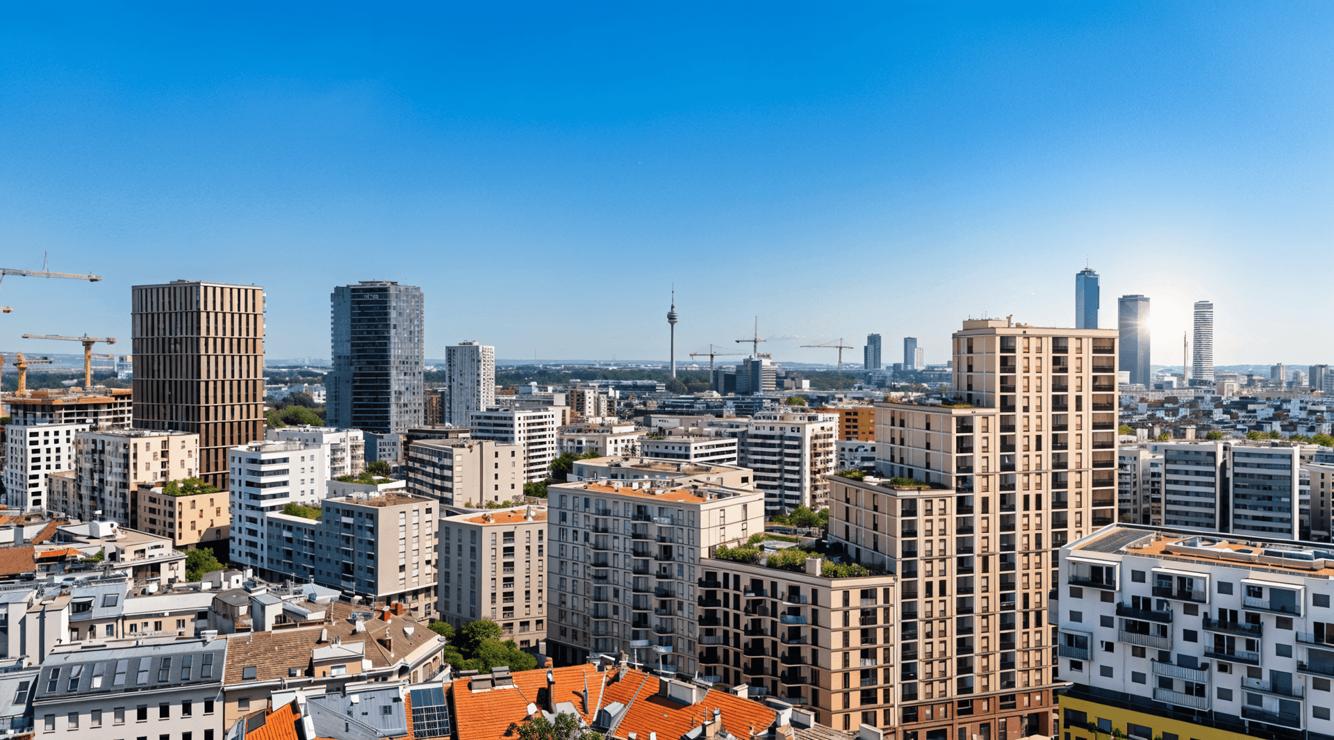 Weitläufiger Stadtblick mit modernen Gebäuden, Hochhäusern und Baukränen am Horizont.