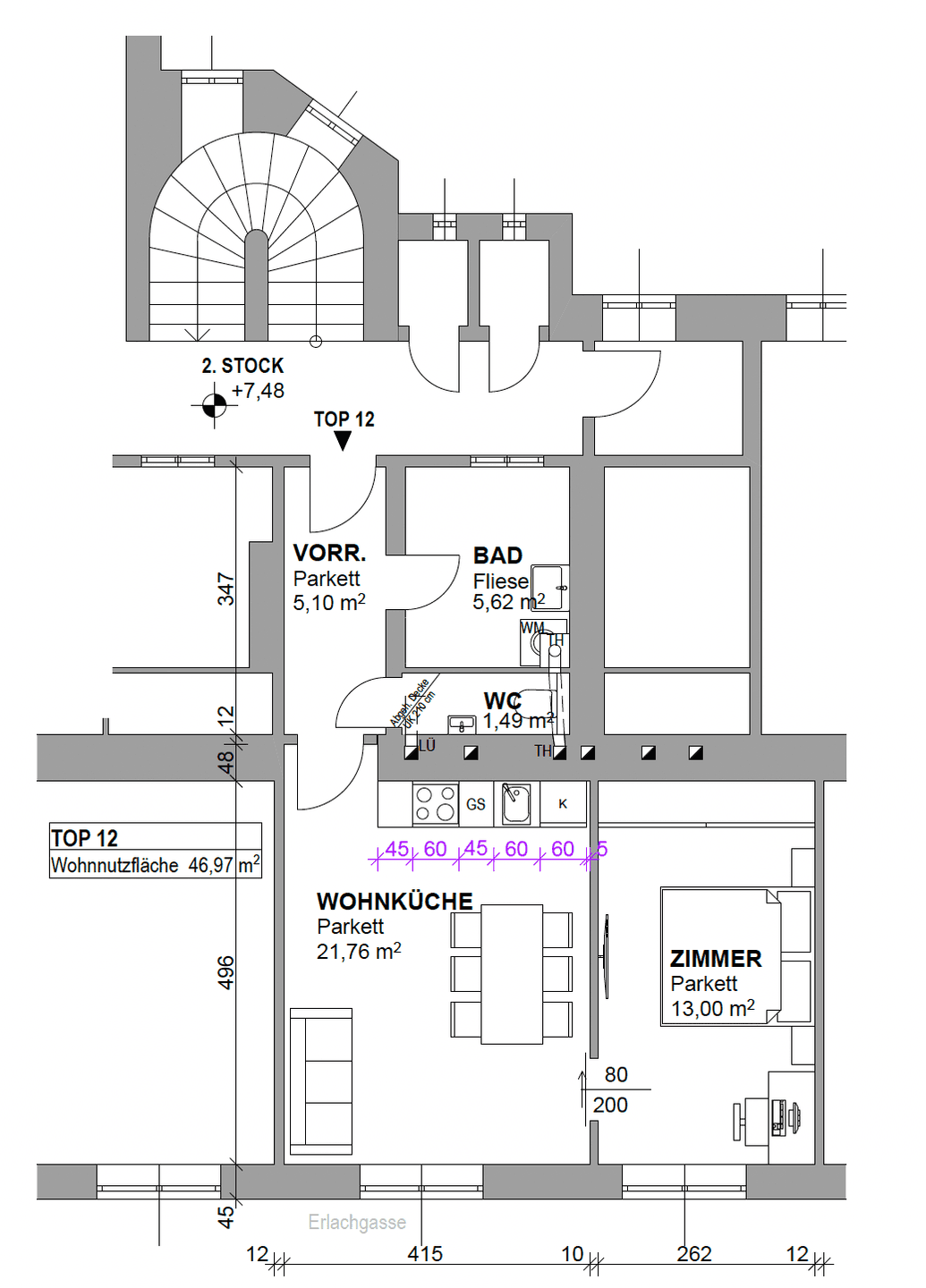 Grundriss des 2. Stocks mit Wohnküche, Bad, WC und einem weiteren Zimmer.
