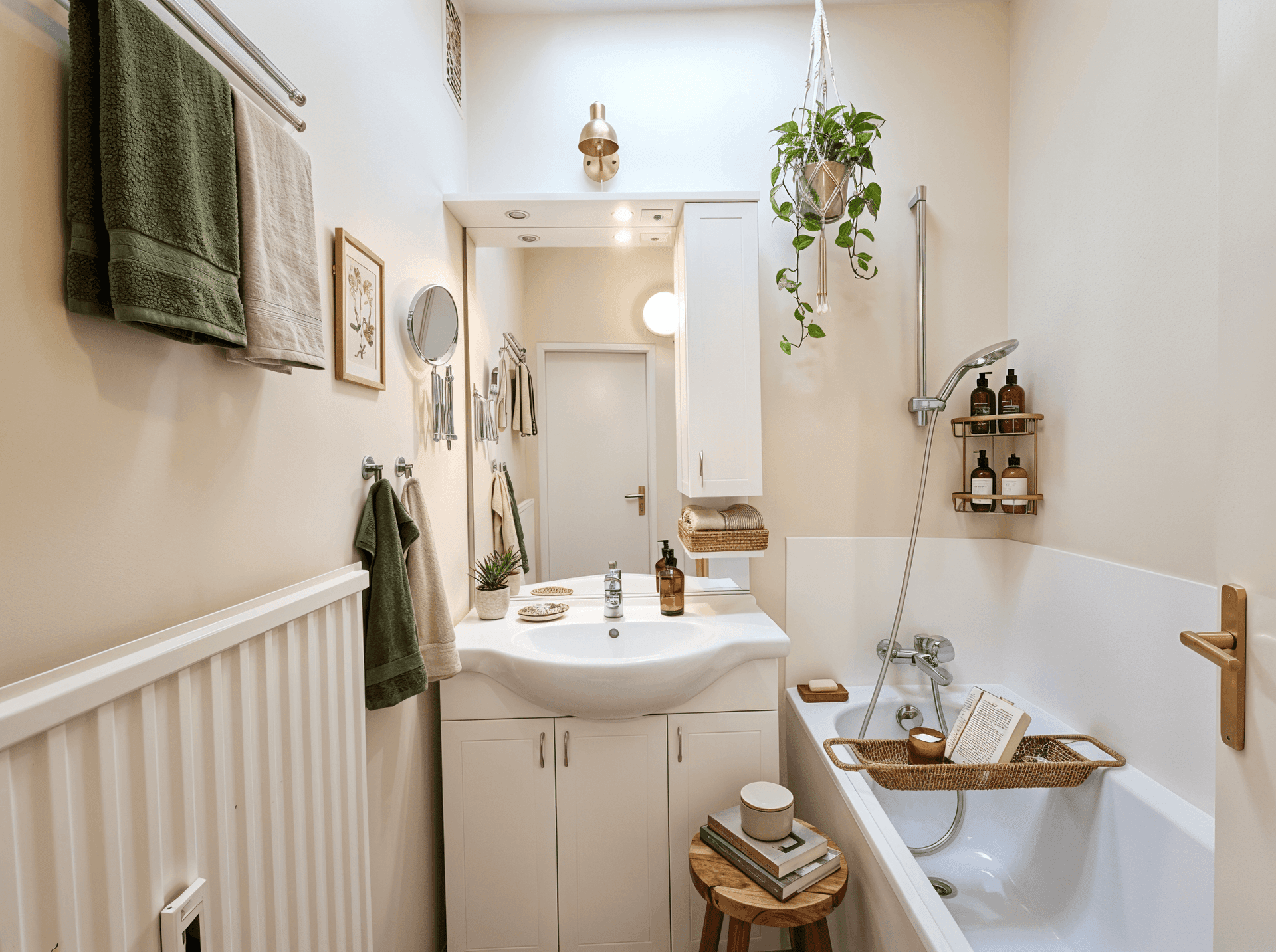 Helles Badezimmer mit Badewanne, Waschbecken und beheiztem Handtuchhalter.