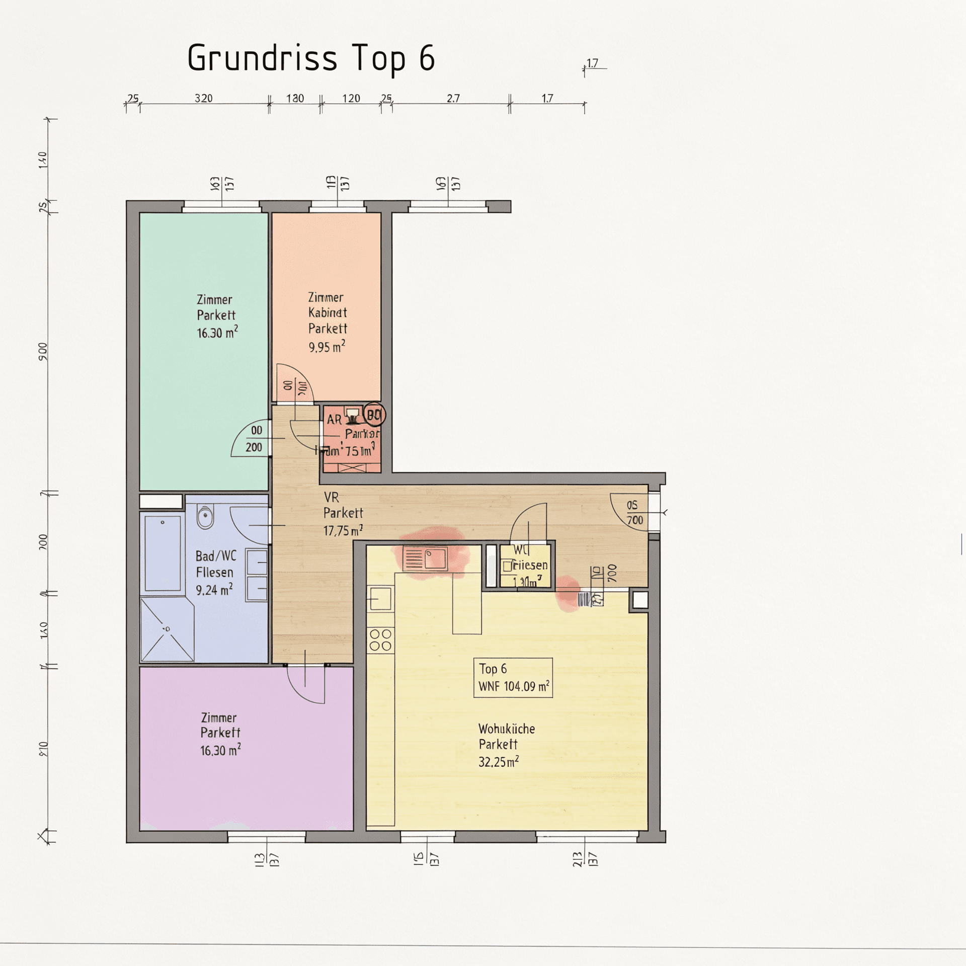 Grundriss der Wohnung Top 6 mit Wohnküche, Zimmern und Bad.