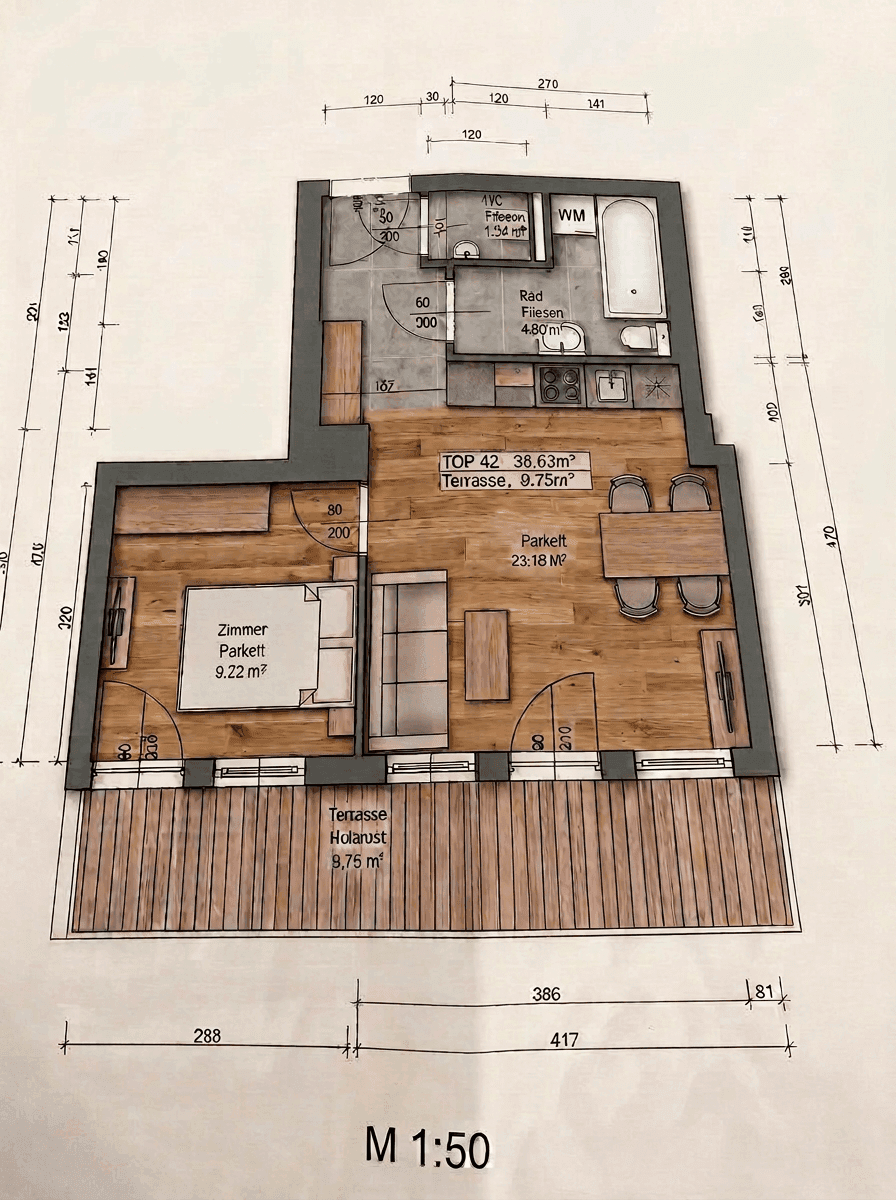 Detaillierter Grundriss der Wohnung mit Zimmern, Terrasse und Maßen.