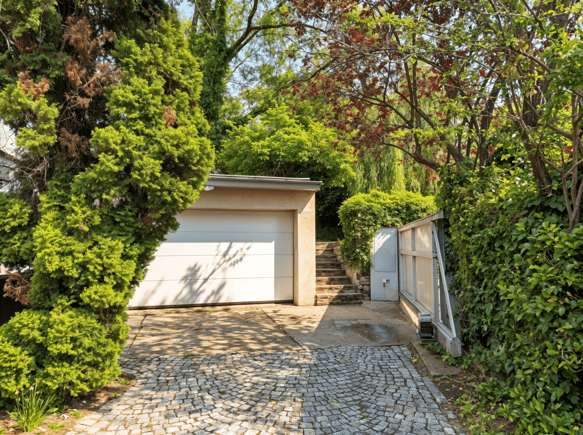 Garagenzufahrt mit Kopfsteinpflaster und einer weißen Garage, umgeben von hohen Hecken.