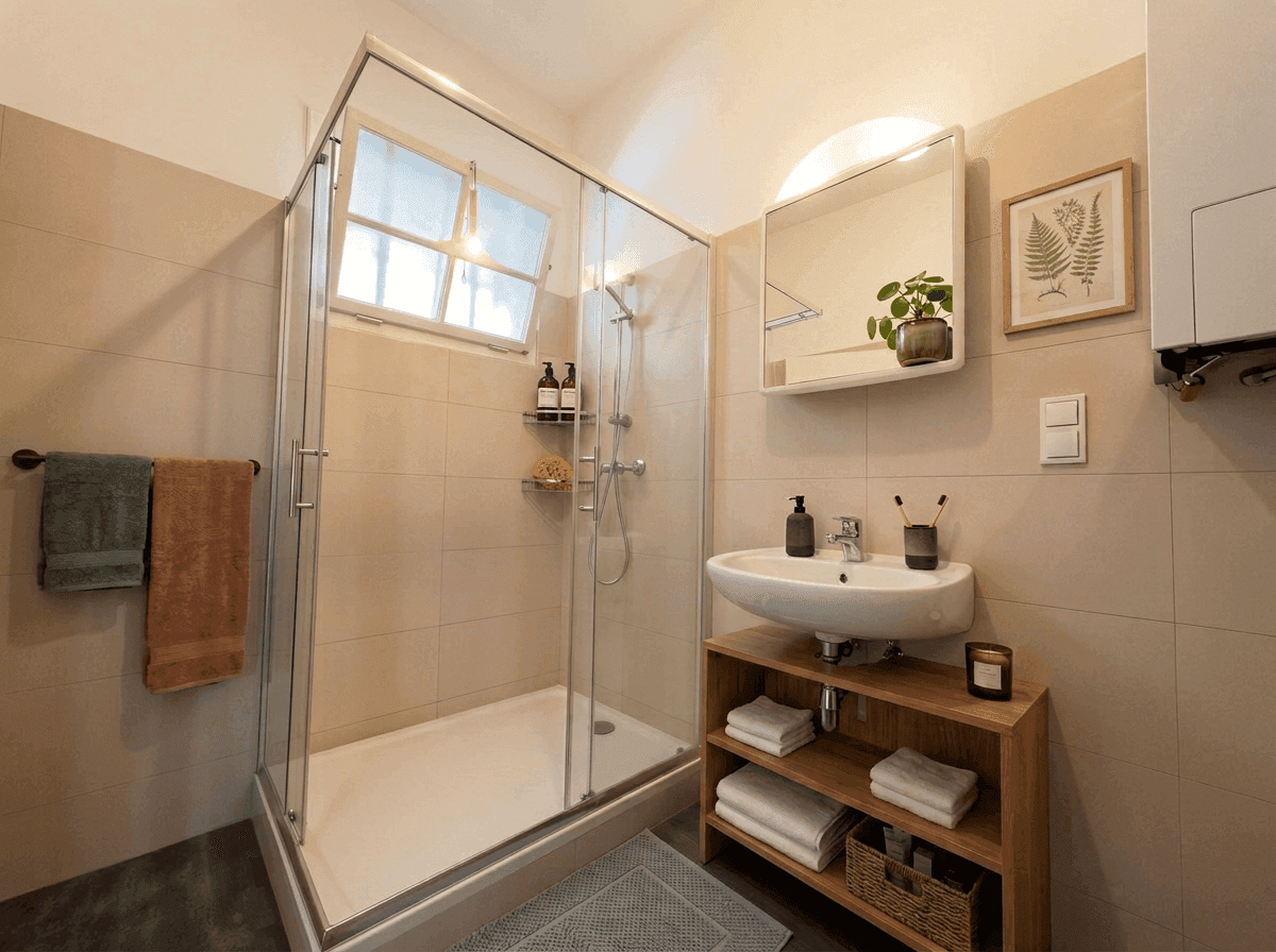 Modernes Badezimmer mit Duschkabine, Waschbecken auf Holzunterschrank und Fenster für Tageslicht.