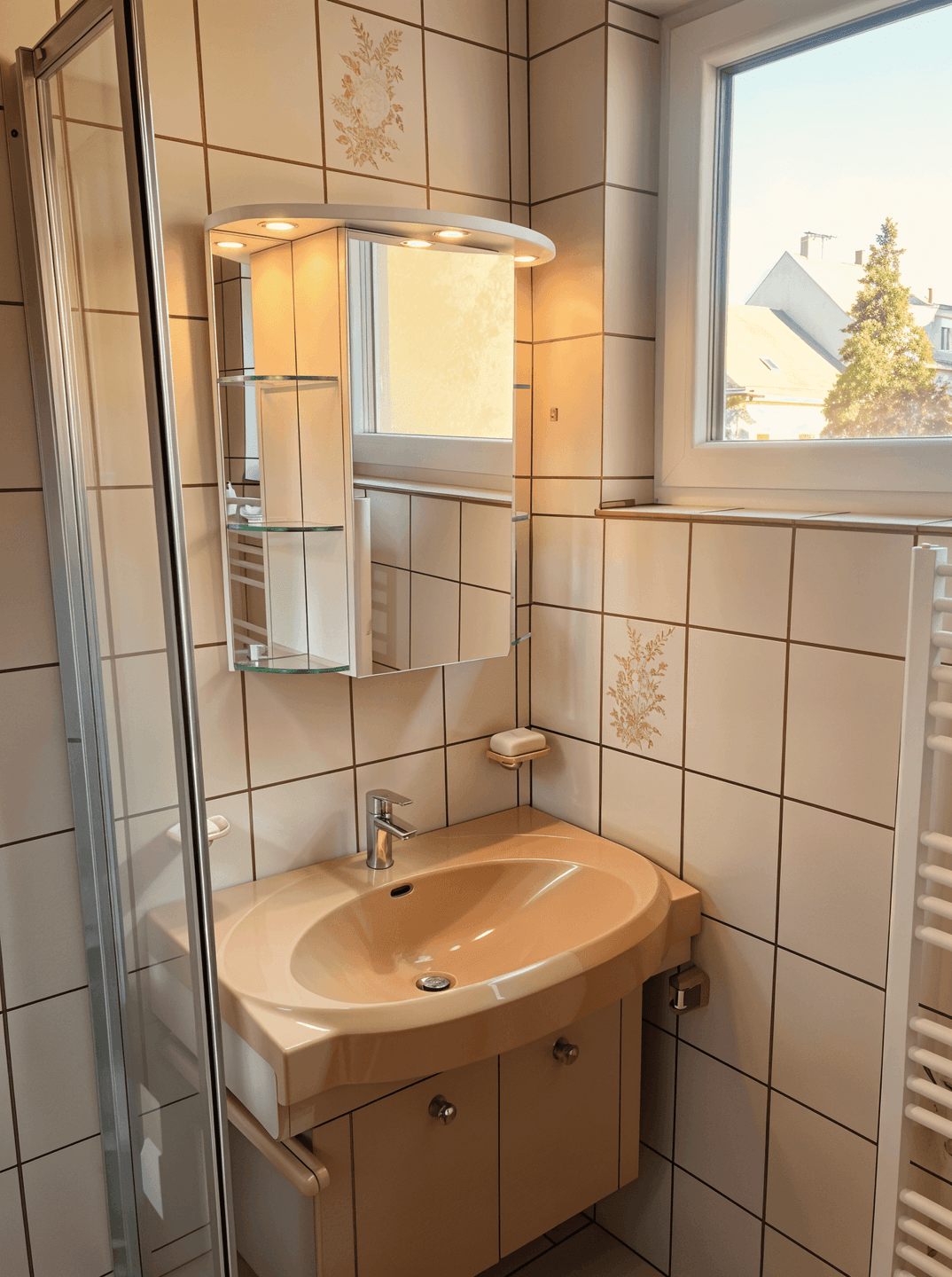 Kleines Badezimmer mit beigefarbenen Fliesen, Waschbecken, Spiegelschrank und Fenster für Tageslicht.