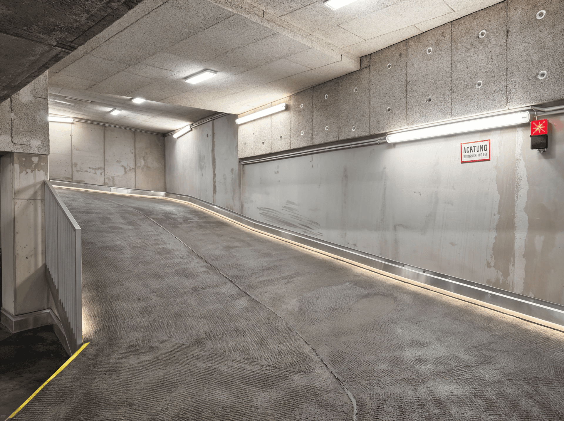 Zufahrtsrampe zu einer Tiefgarage mit Betonwänden und Beleuchtung.
