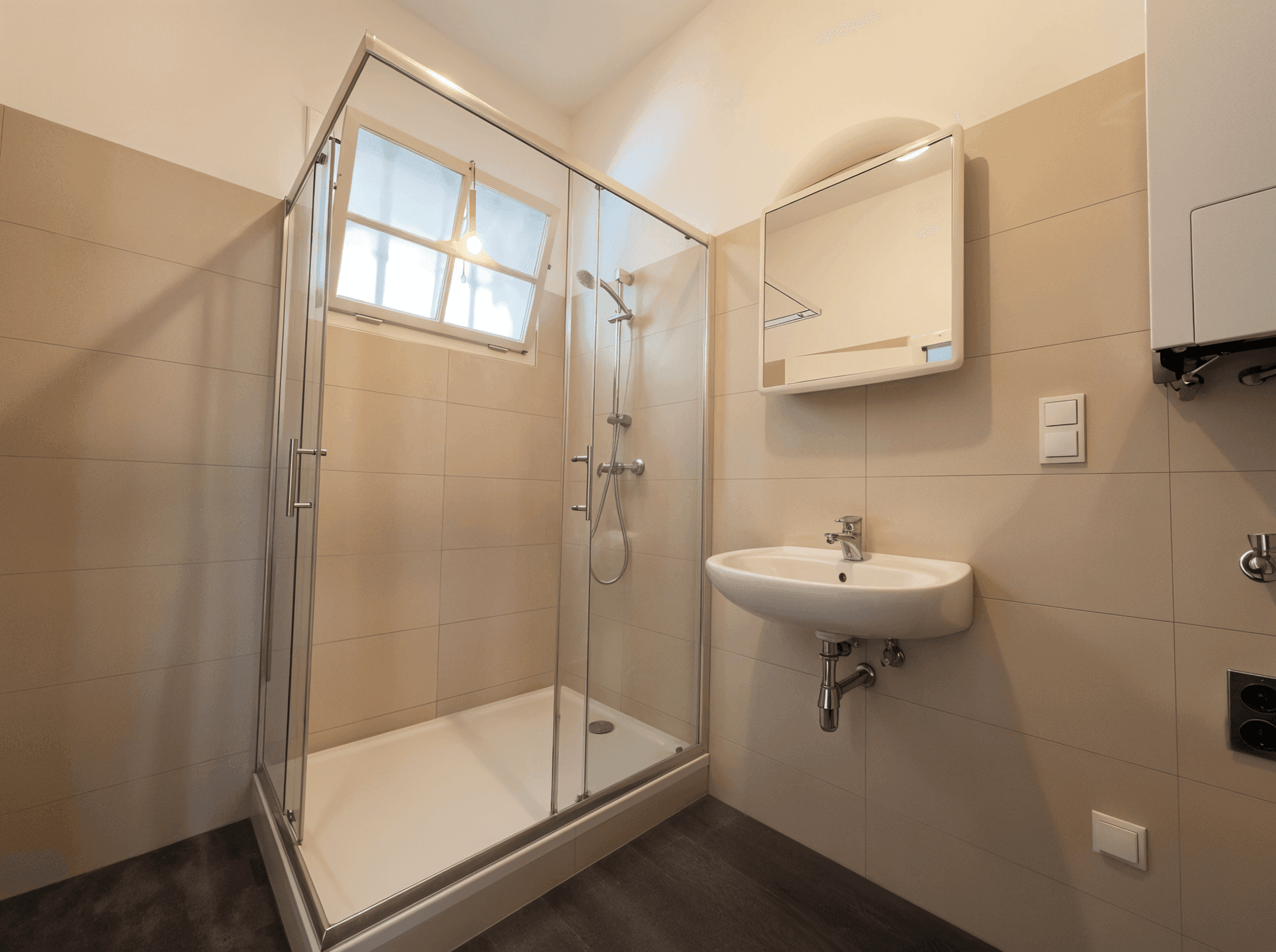 Helles Badezimmer mit Duschkabine, Waschbecken und Spiegelschrank, bereit zur individuellen Gestaltung.