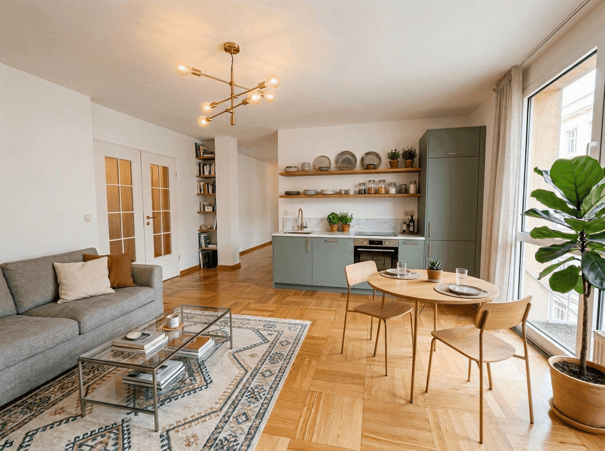 Moderner offener Wohnbereich mit integrierter Küche, Essbereich und Zugang zum Balkon.