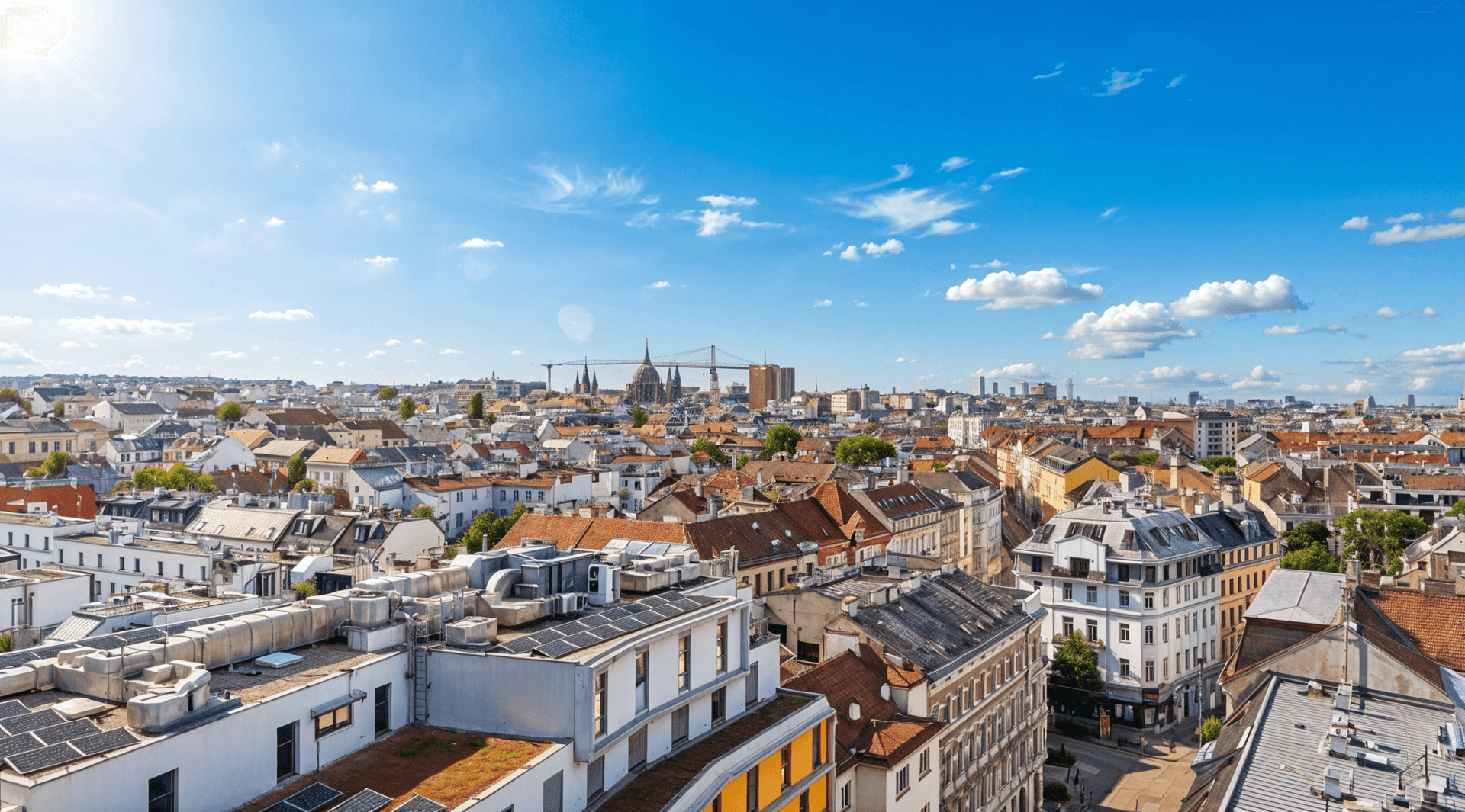 Panoramablick über die Dächer einer Stadt mit historischen Gebäuden und blauem Himmel.
