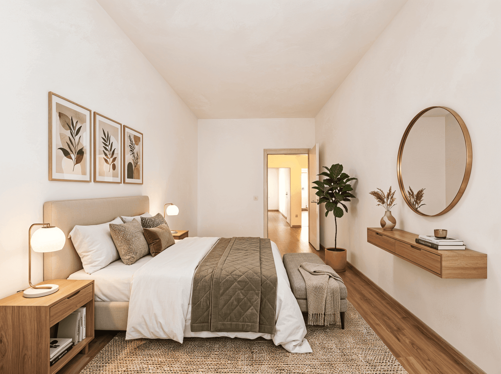 Modernes Schlafzimmer mit großem Bett, Holzboden und stilvoller Dekoration.