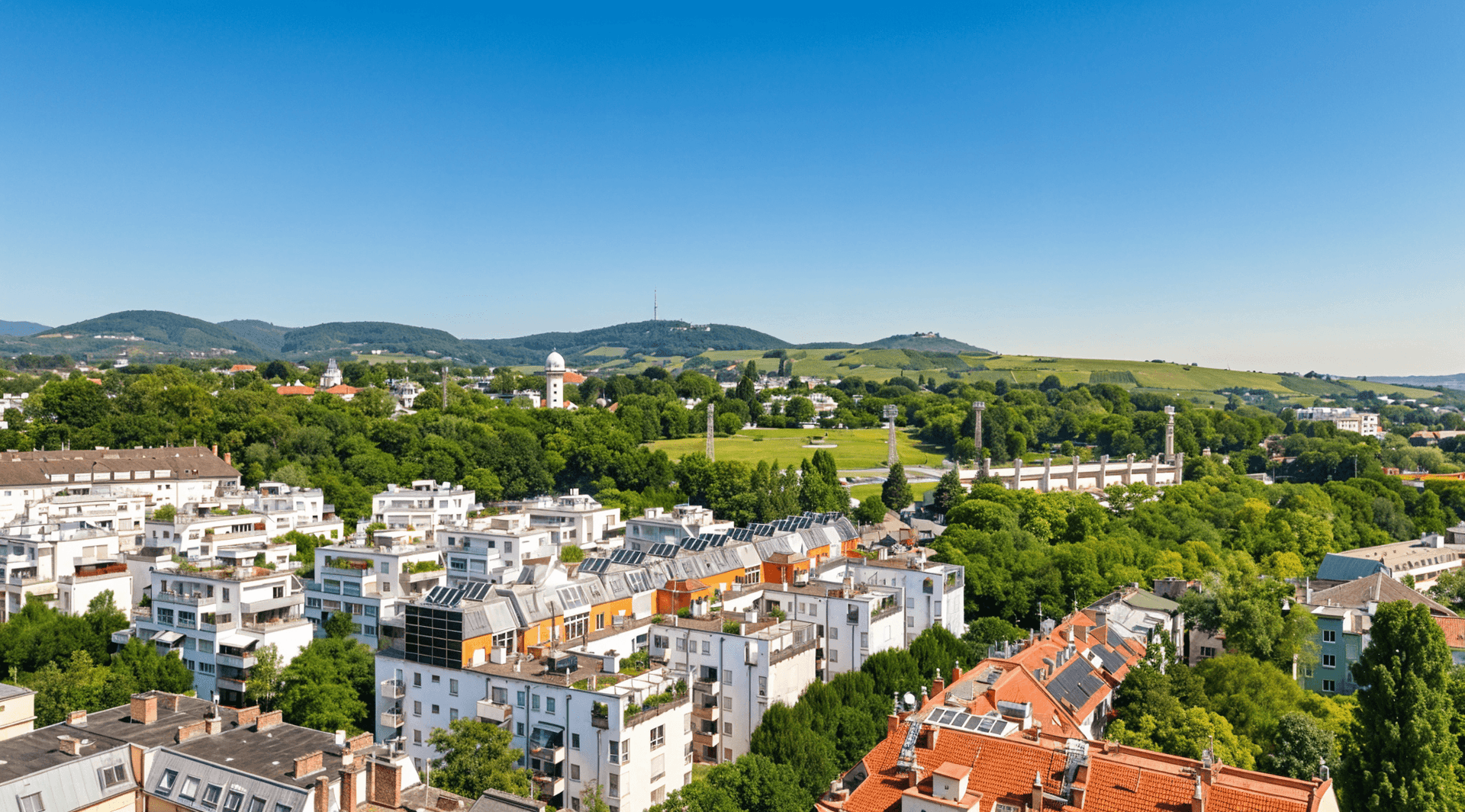 Weitläufiger Blick über eine grüne Wohngegend mit vielen Bäumen und modernen Häusern.