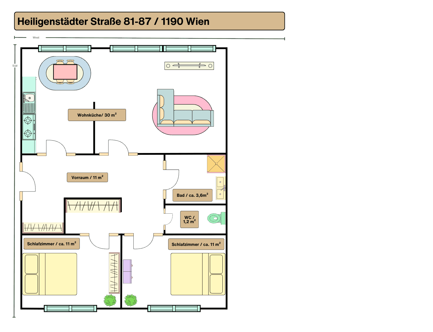 Detaillierter Grundriss einer Wohnung mit Wohnküche, zwei Schlafzimmern und zwei Bädern.