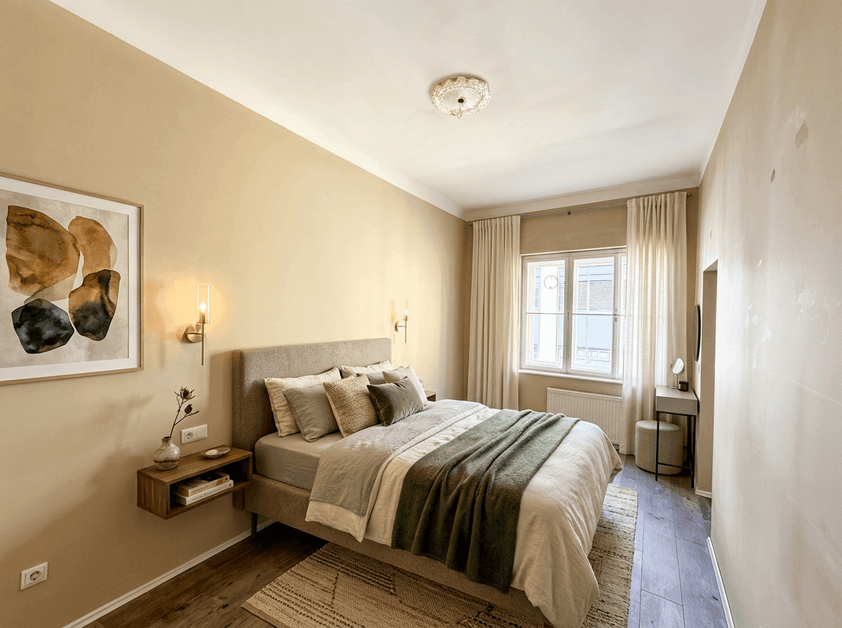 Gemütliches Schlafzimmer mit Doppelbett, Holzboden, Fenster und moderner Dekoration.