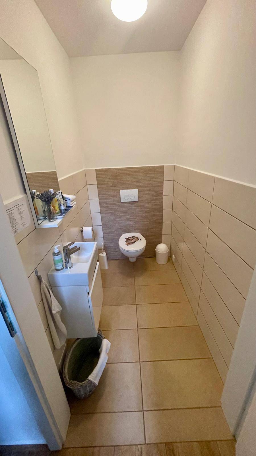 Kleines Gäste-WC mit modernen Fliesen, wandhängendem WC und Waschbecken.