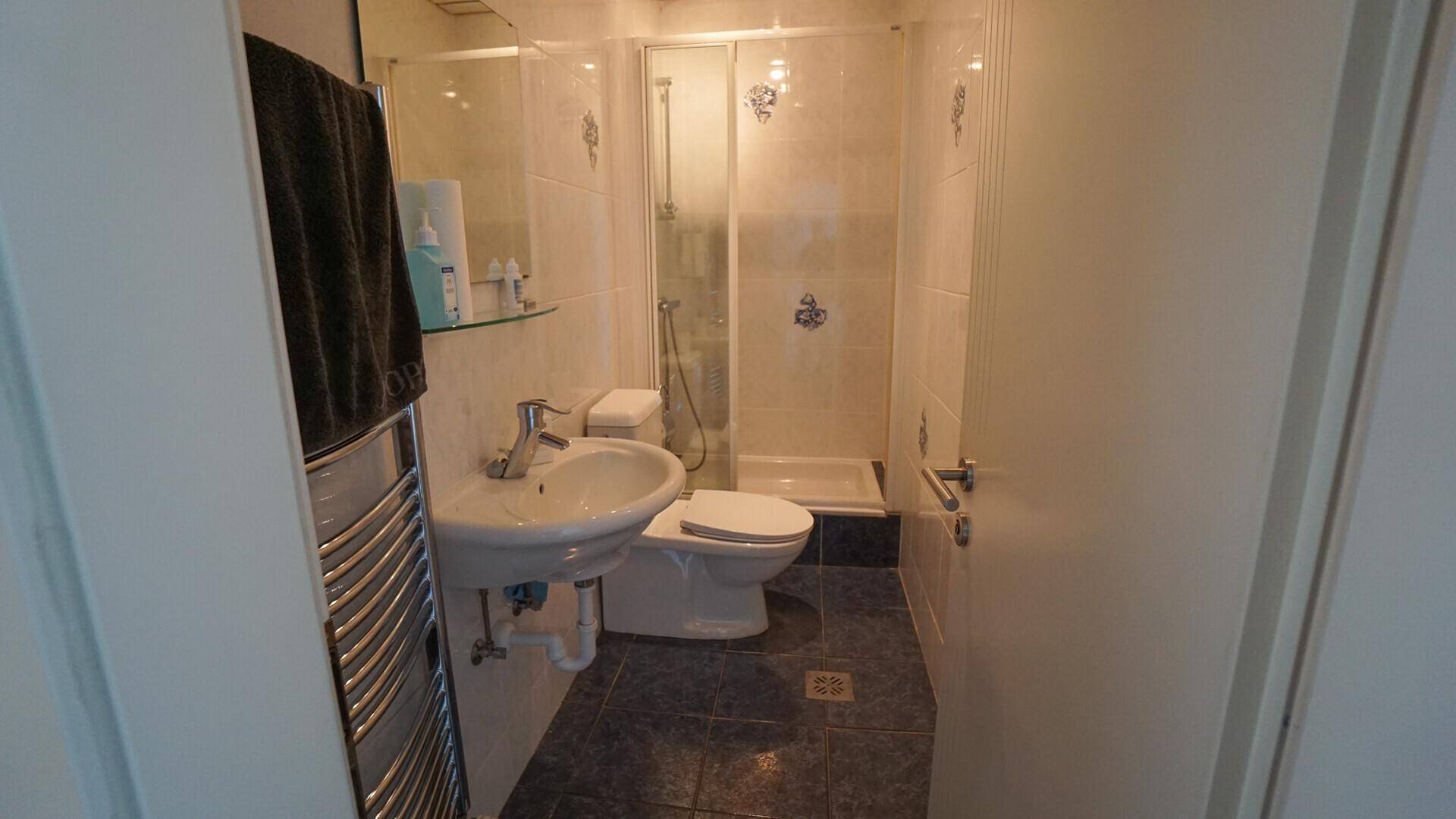 Kleines Badezimmer mit Dusche, WC, Waschbecken und beheiztem Handtuchhalter.