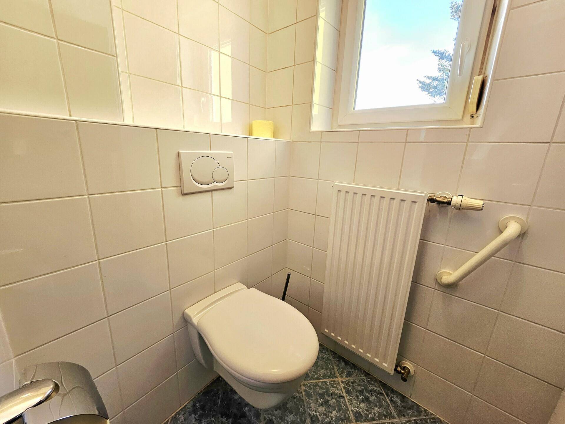 Separate Toilette mit Wand-WC, Fenster und Heizkörper, ausgestattet mit Haltegriff.