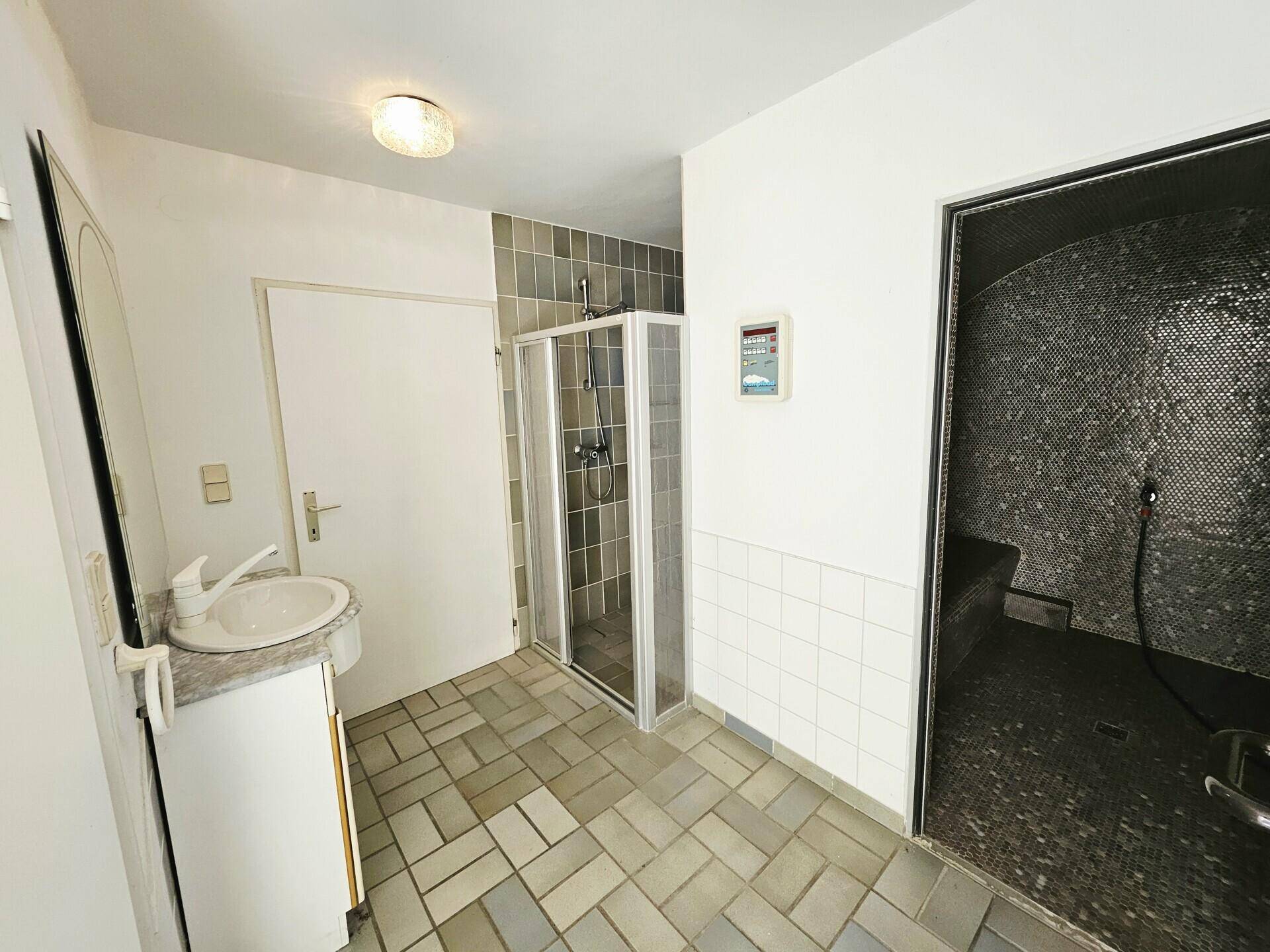 Wellnessbereich im Keller mit Dusche, Waschbecken und einem Dampfbad.