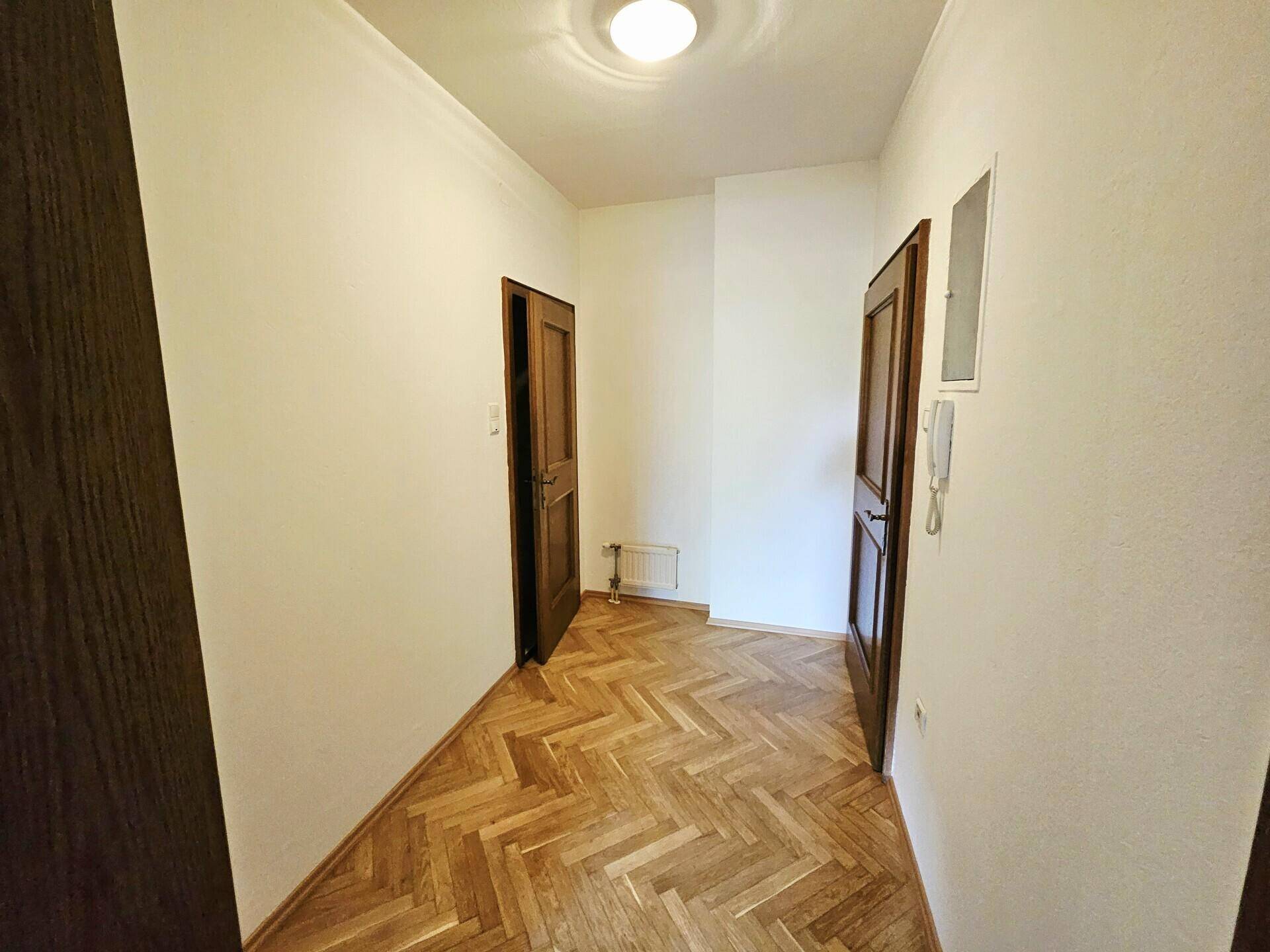 Langer Flur mit Fischgrätparkett und mehreren Holztüren, die zu angrenzenden Räumen führen.
