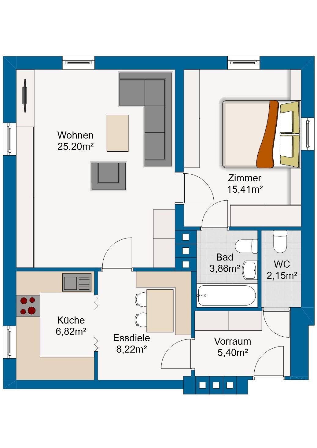Detaillierter Grundriss der Wohnung mit Wohnzimmer, Schlafzimmer, Küche, Bad und separatem WC.