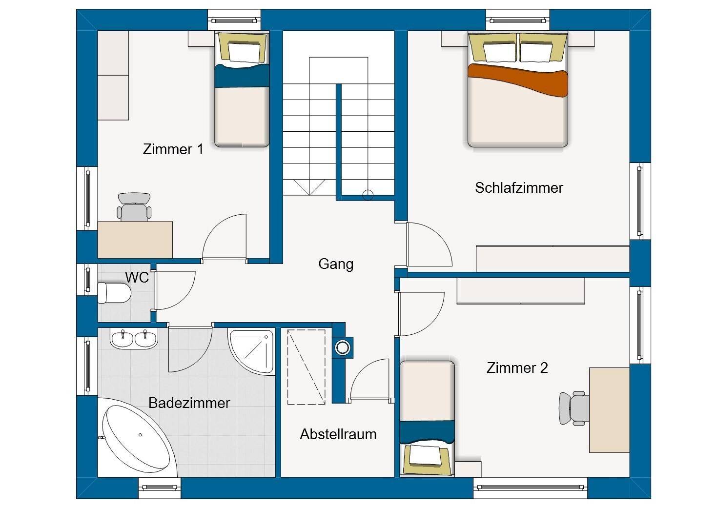 Grundriss des Obergeschosses mit drei Schlafzimmern, Bad und Abstellraum, bietet private Rückzugsorte.
