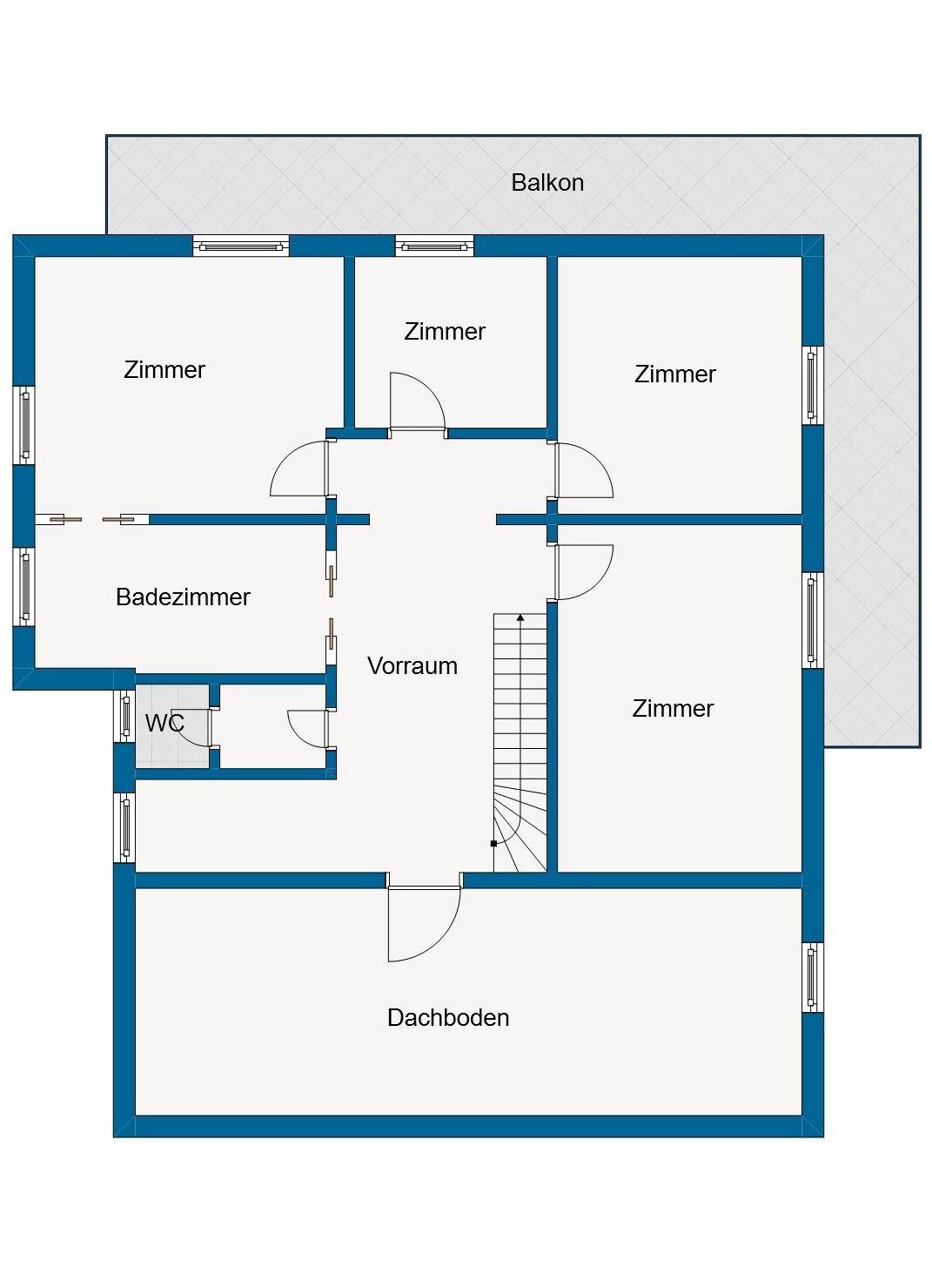Grundriss des Obergeschosses mit Schlafzimmern, Badezimmer, WC und Balkon.