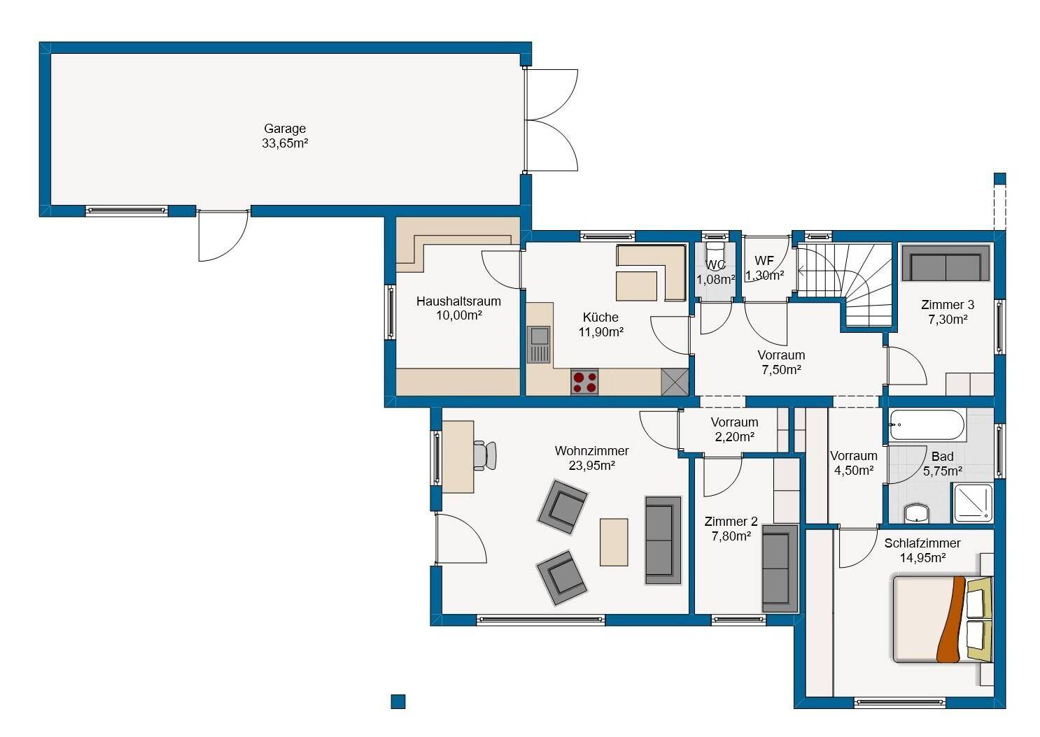 Grundriss des Erdgeschosses mit Wohnzimmer, Küche, Schlafzimmern und Garage.