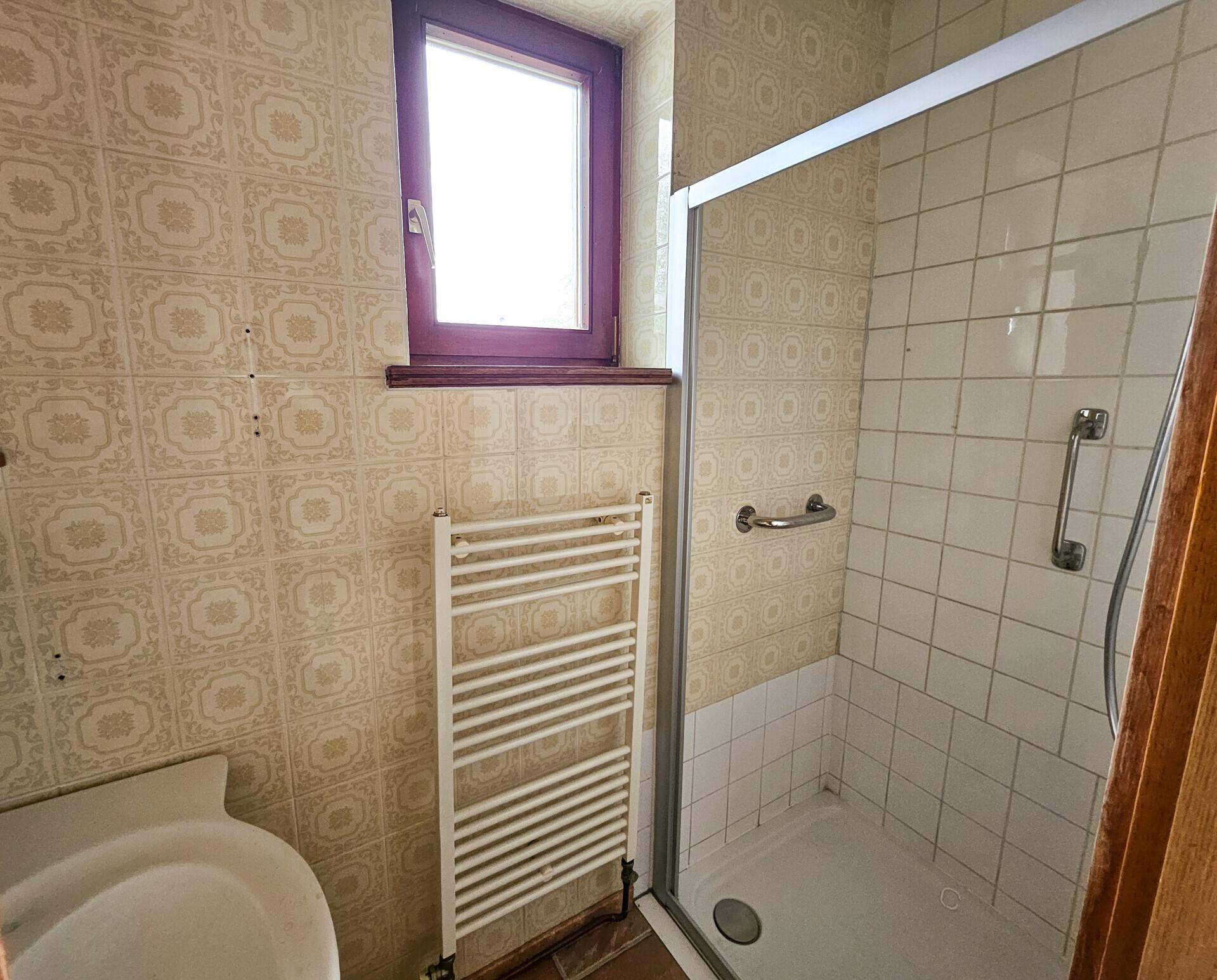 Badezimmer mit Duschkabine, Fenster, Heizkörper und gemusterten Wandfliesen im Vintage-Stil.