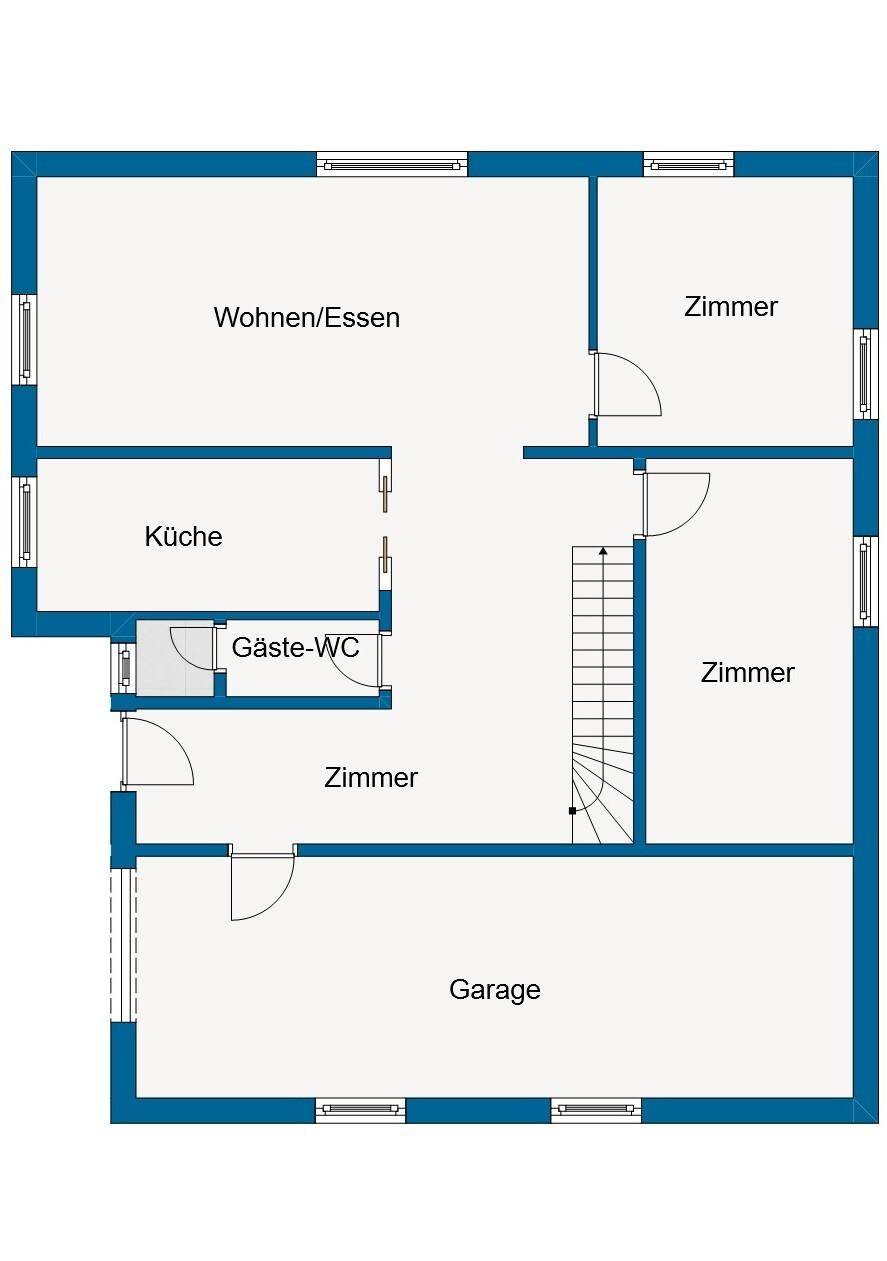 Grundriss des Erdgeschosses mit Wohn-/Essbereich, Küche, Zimmern und Garage.