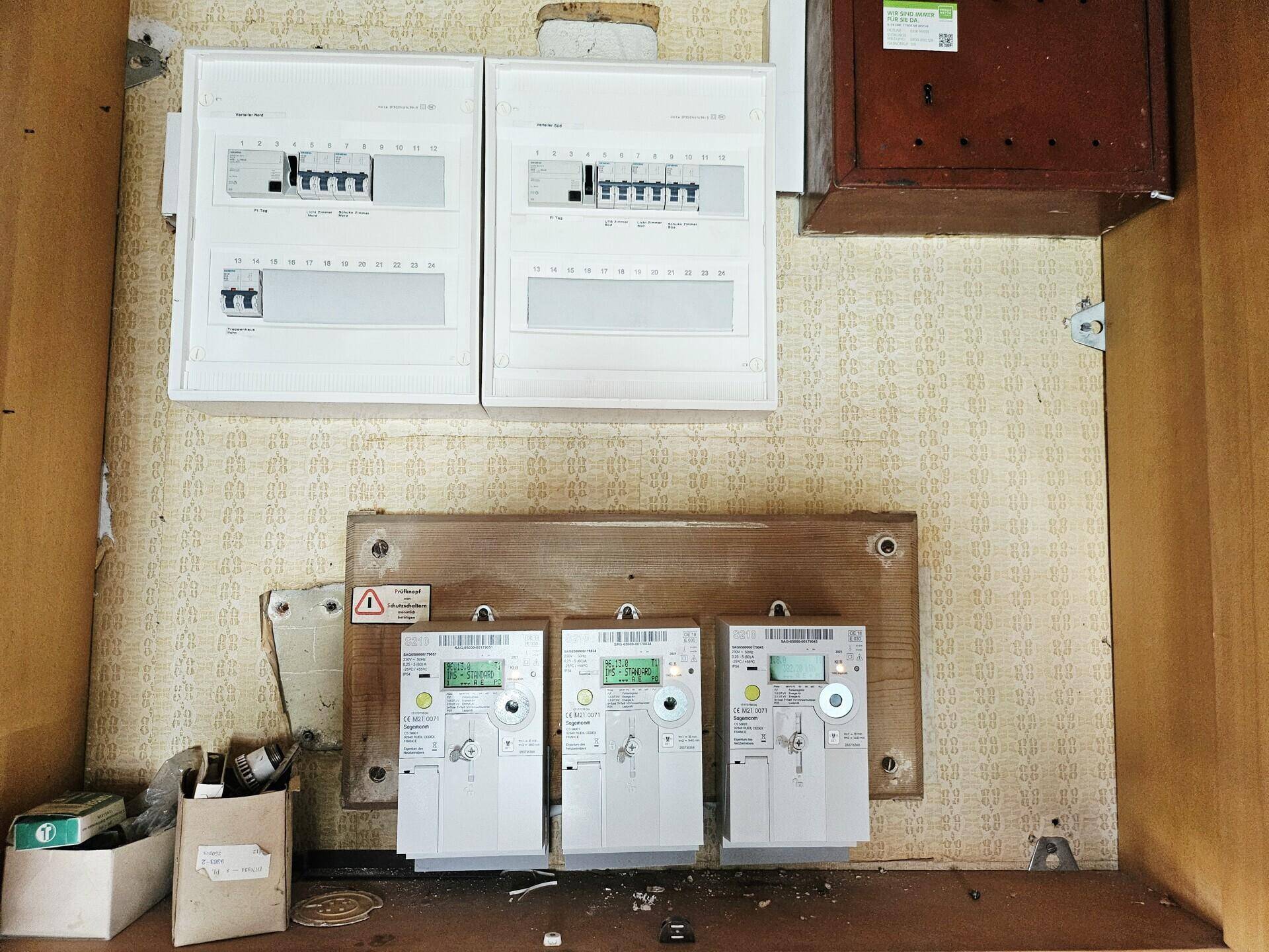 Technikraum mit Stromzählern und Sicherungskästen, zeigt die elektrische Installation.