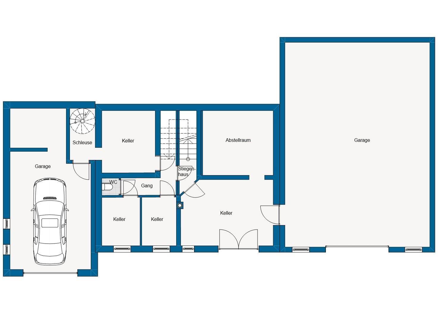 Grundriss des Untergeschosses mit Garage, Kellerräumen und WC, bietet viel Stauraum und Funktionalität.
