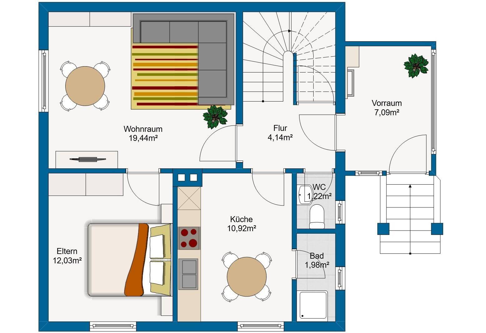 Grundriss des Erdgeschosses mit Wohnzimmer, Küche, Schlafzimmer und zwei Bädern.