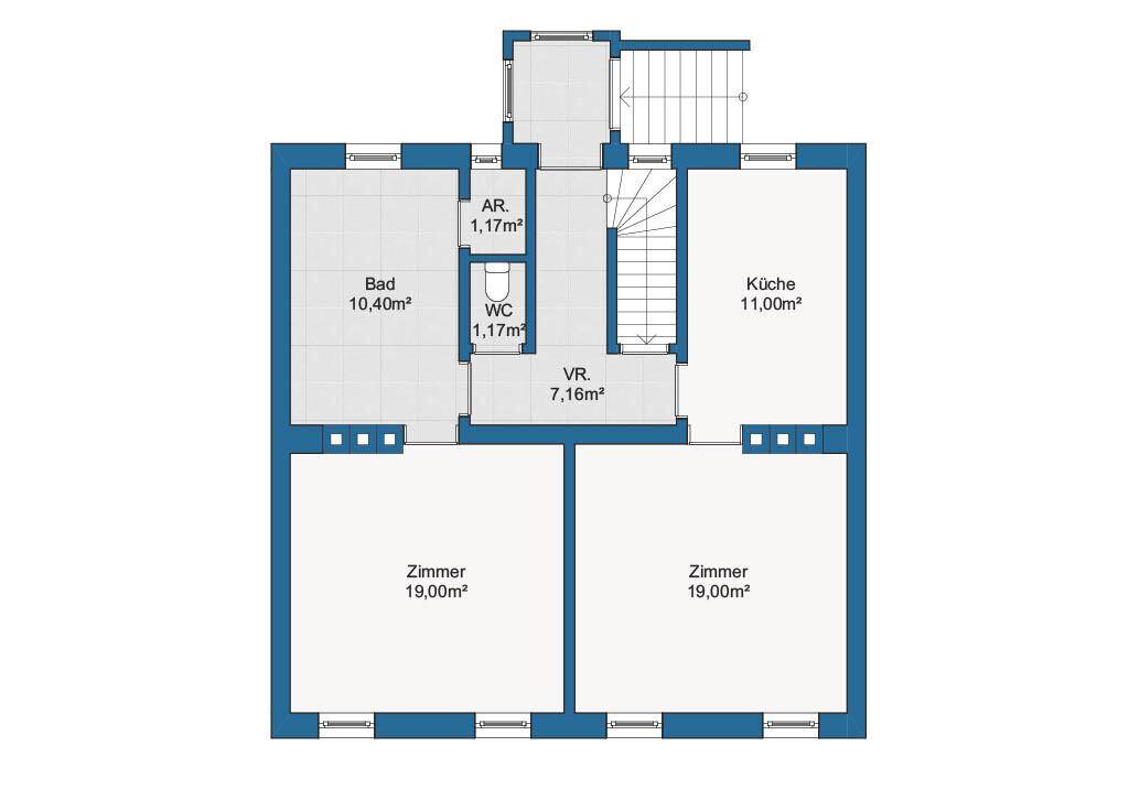 Grundriss einer Etage mit Bad, separatem WC, Küche und zwei geräumigen Zimmern.