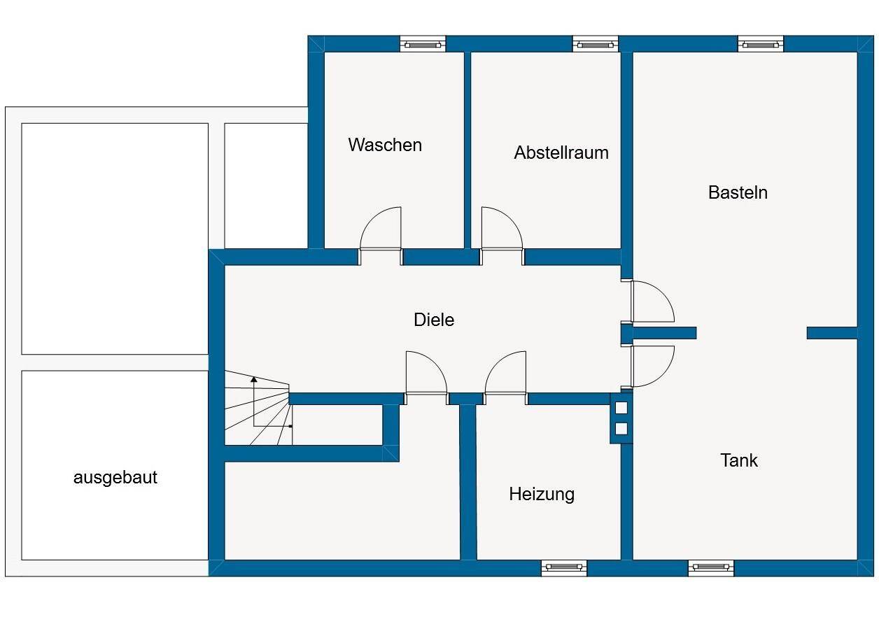 Grundriss des Kellergeschosses mit Waschraum, Abstellraum, Bastelraum und Heizung.