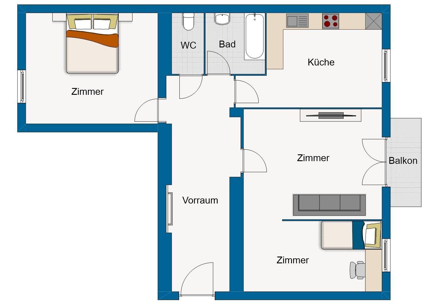 Grundriss einer Wohnung mit drei Zimmern, Küche, Bad, WC und Balkon.