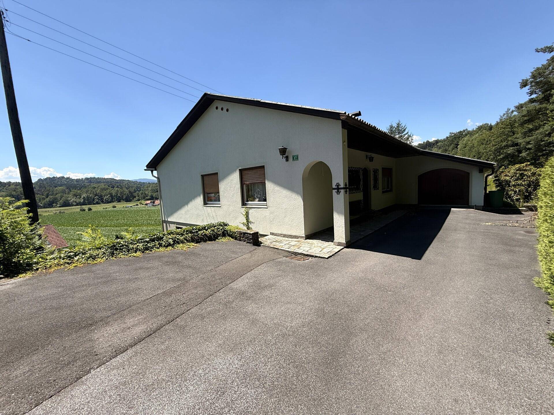Vorderansicht des Hauses mit langer Auffahrt und einem überdachten Carportbereich.