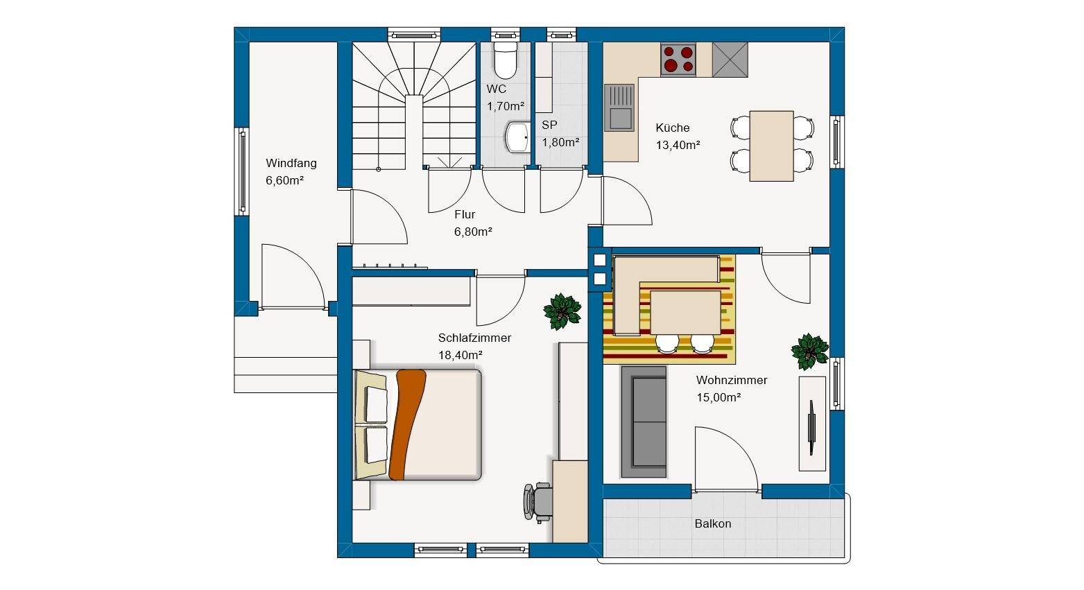 Grundriss des Erdgeschosses mit Wohnzimmer, Schlafzimmer, Küche und Balkon.