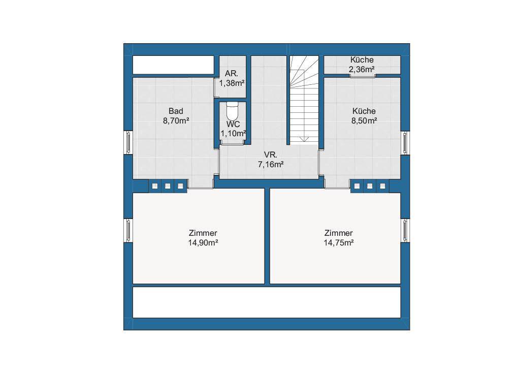 Grundriss einer Etage mit Bad, separatem WC, zwei Küchenbereichen und zwei Zimmern.