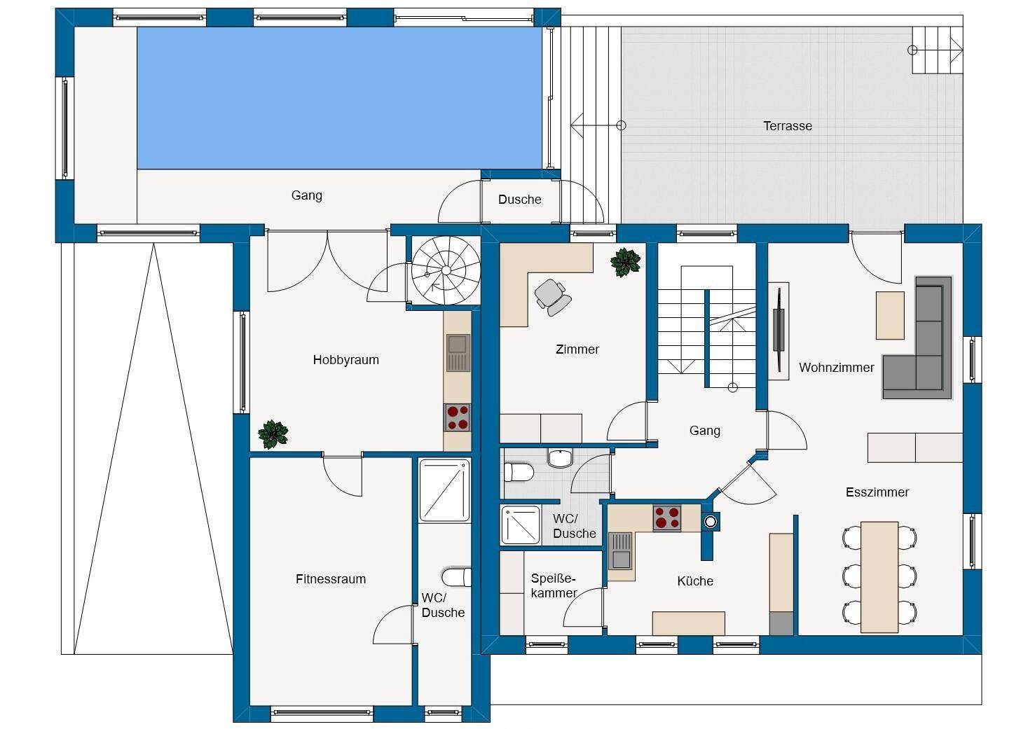 Grundriss des Erdgeschosses mit offenem Wohnbereich, Küche, Terrasse und Pool, ideal für Familien.