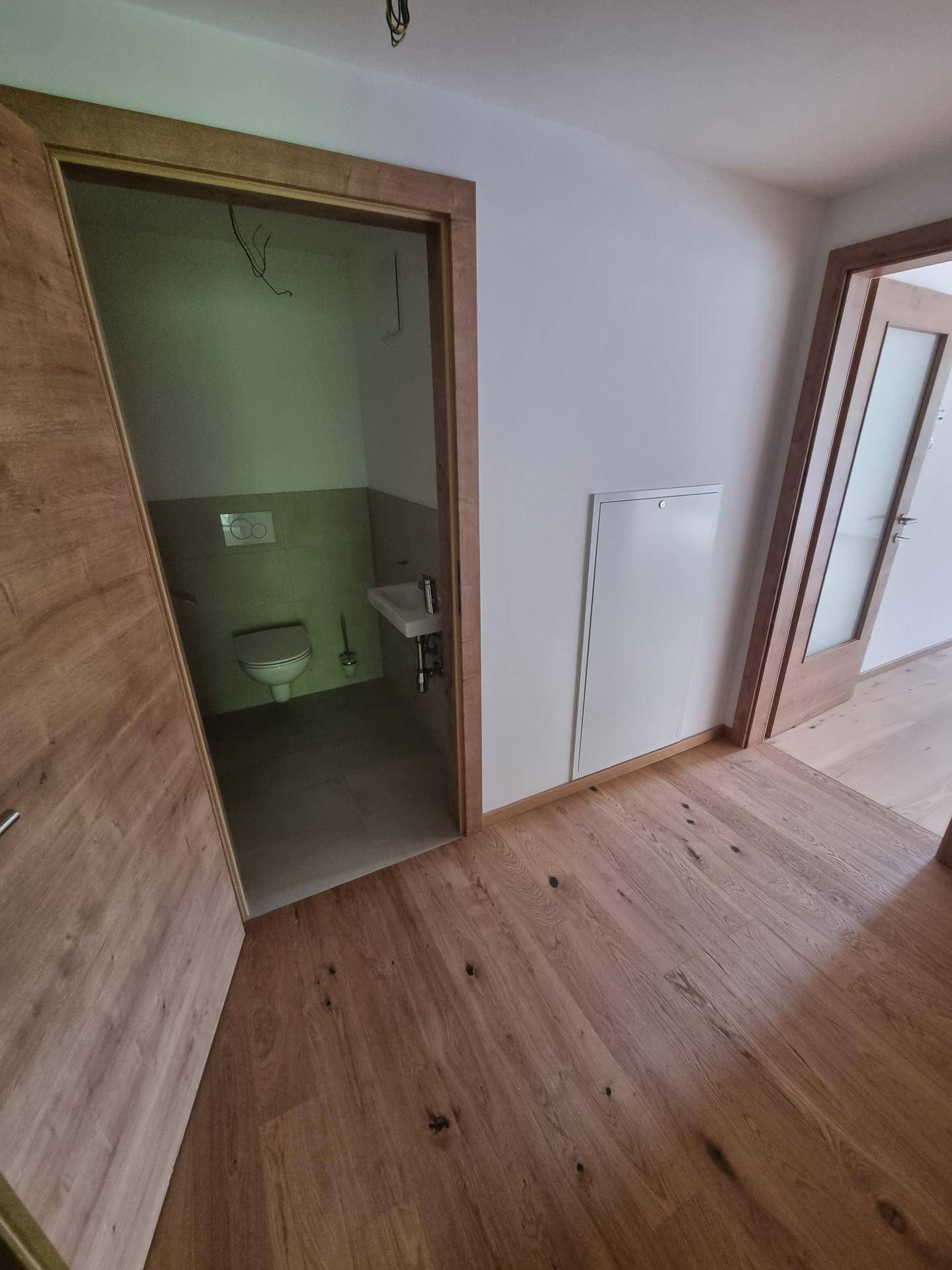 Kleines Gäste-WC mit Wand-WC und Handwaschbecken, ideal für Besucher.
