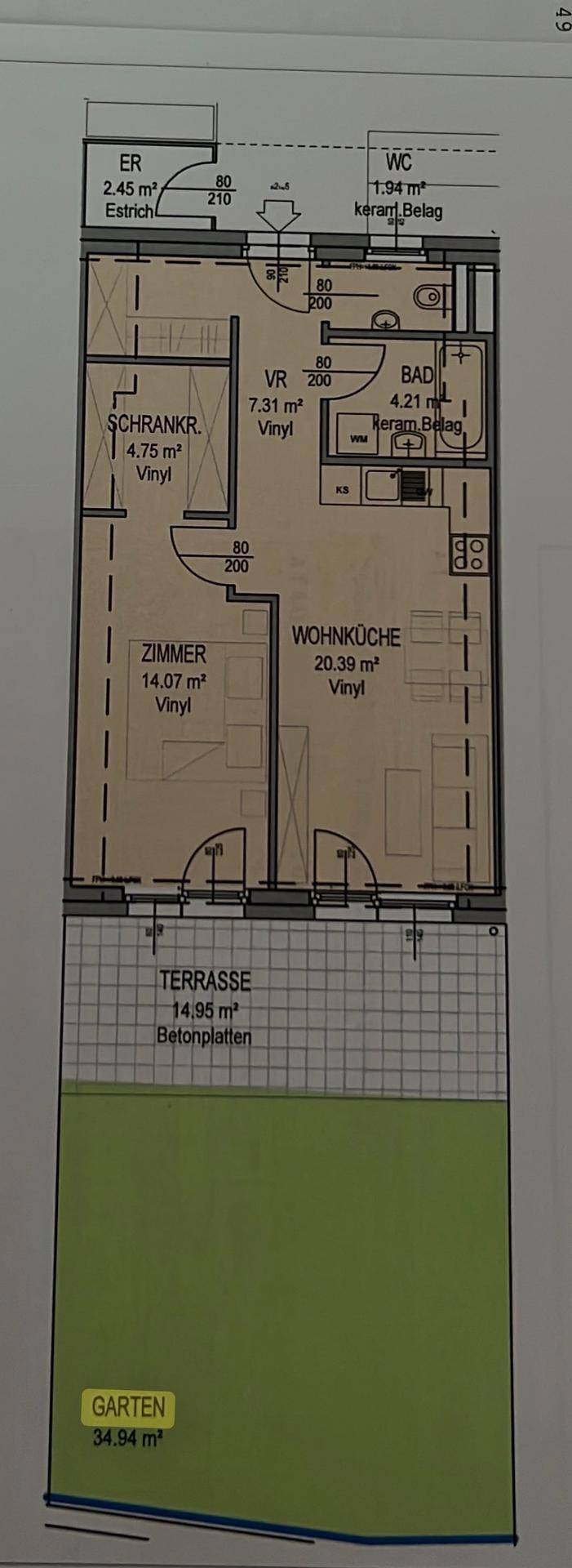 Grundriss einer Wohnung mit offener Wohnküche, Schlafzimmer, Bad, separatem WC, Terrasse und Garten.